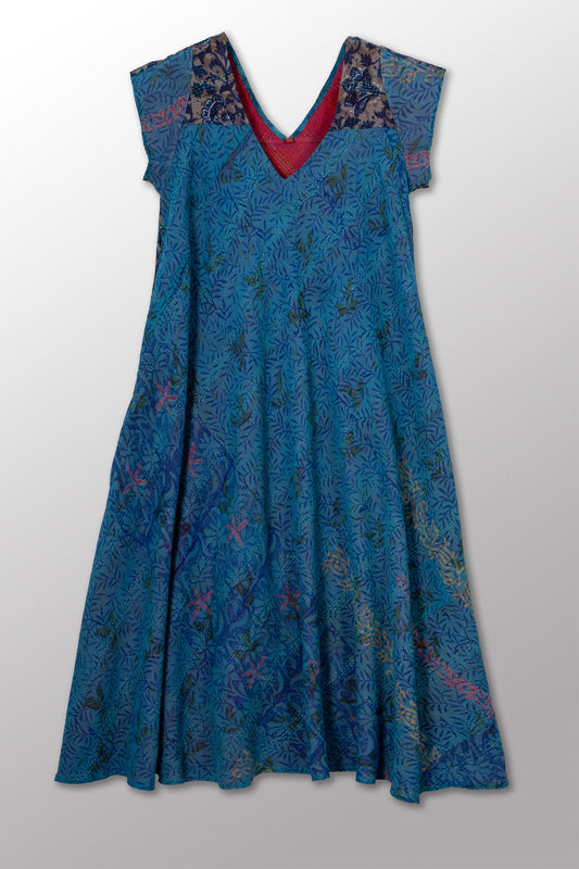 VINTAGE SILK GEORGETTE COTTON KANTHA CAP SLV. FLARE DRESS - gc2425-0004s -