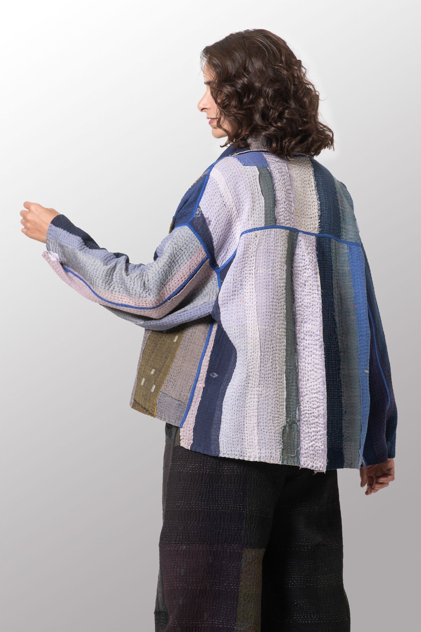 COTTON STRIPE PATCH KANTHA CROPPED SHIRT JACKET - cs4075-blu -