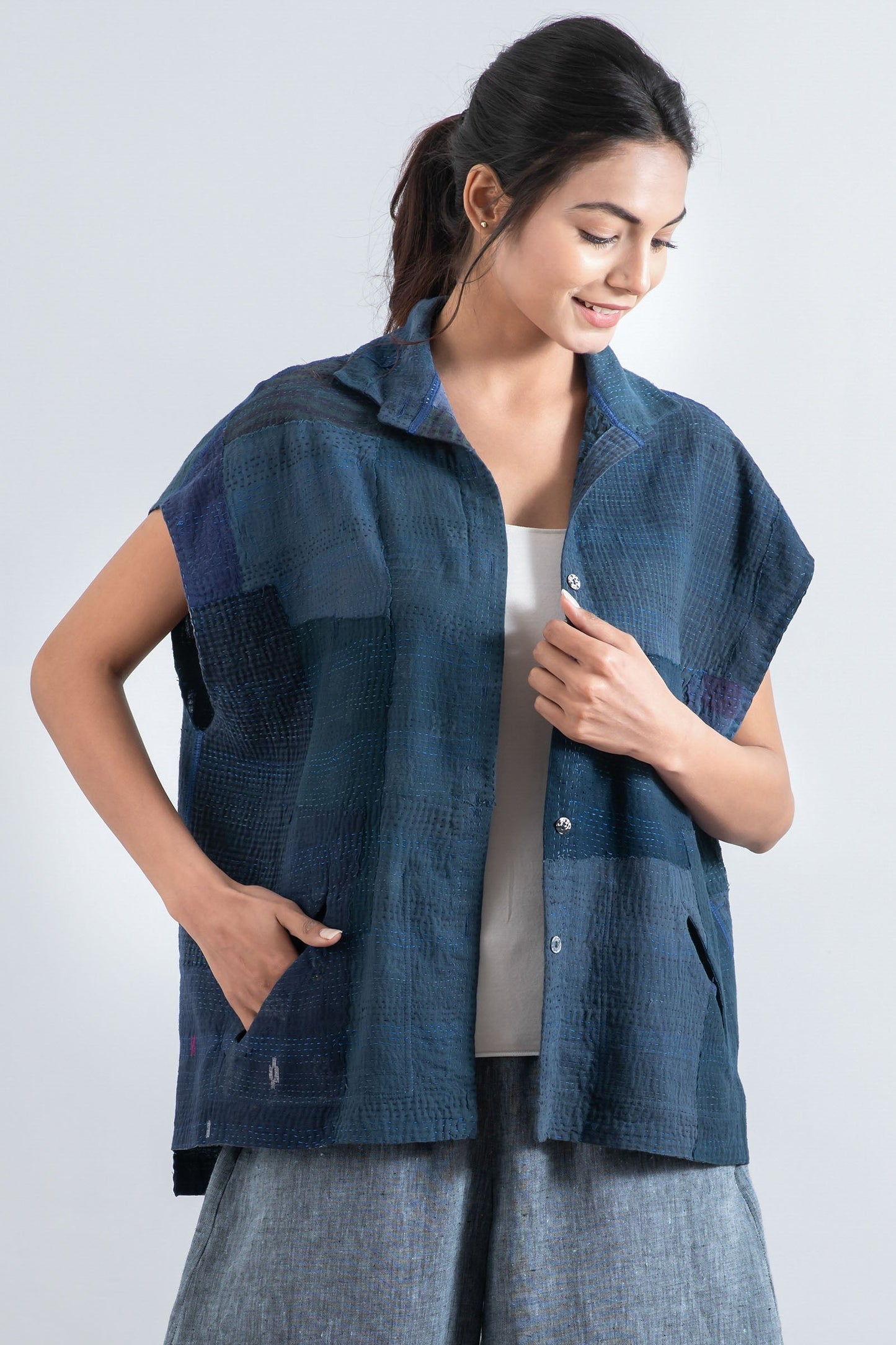 FRAYED PATCH KANTHA CAP SLV. SHIRT - fi2530-nvy -