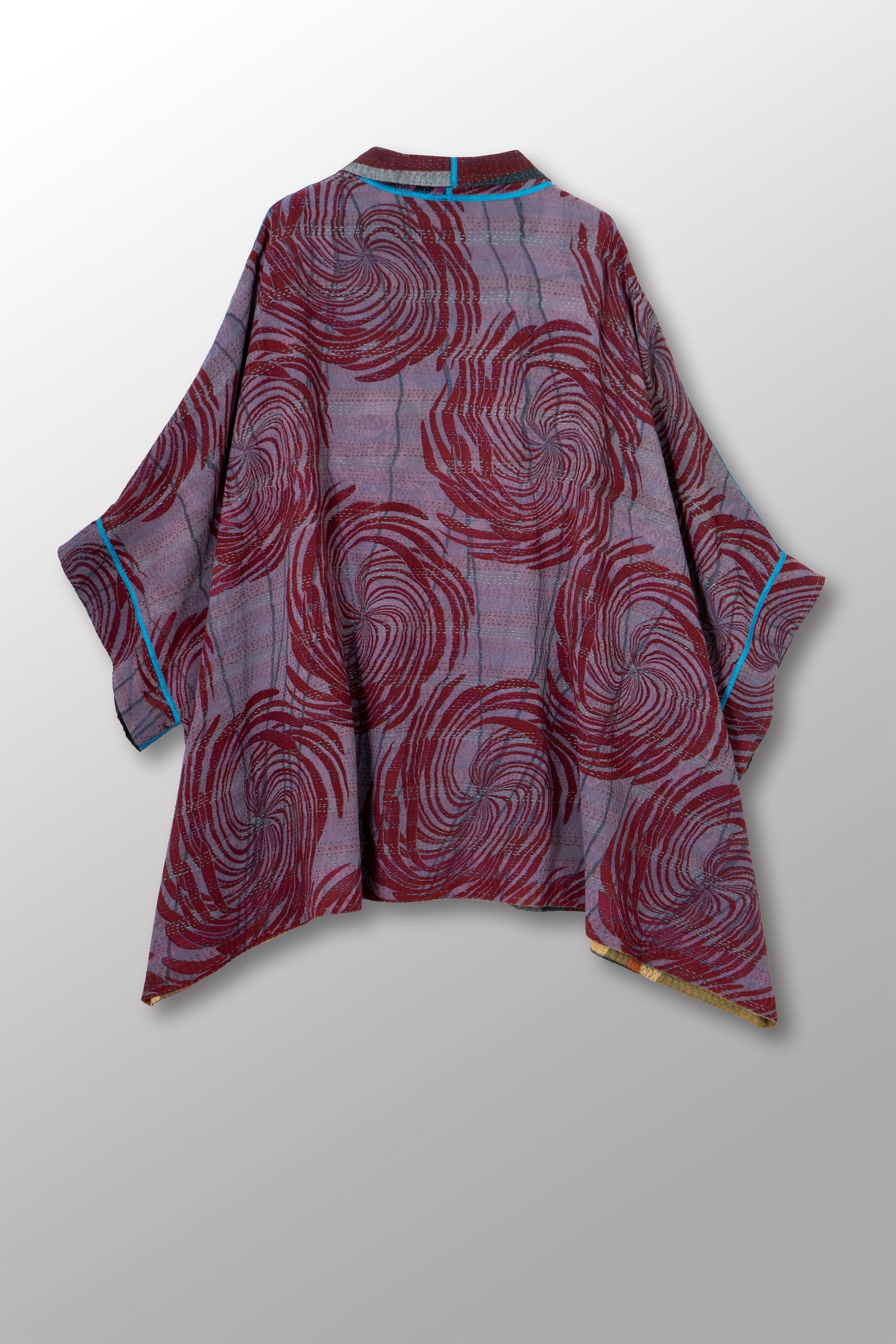 VINTAGE SILK GEORGETTE COTTON KANTHA DOUBLE COLLAR PONCHO - gc2323-0003a -