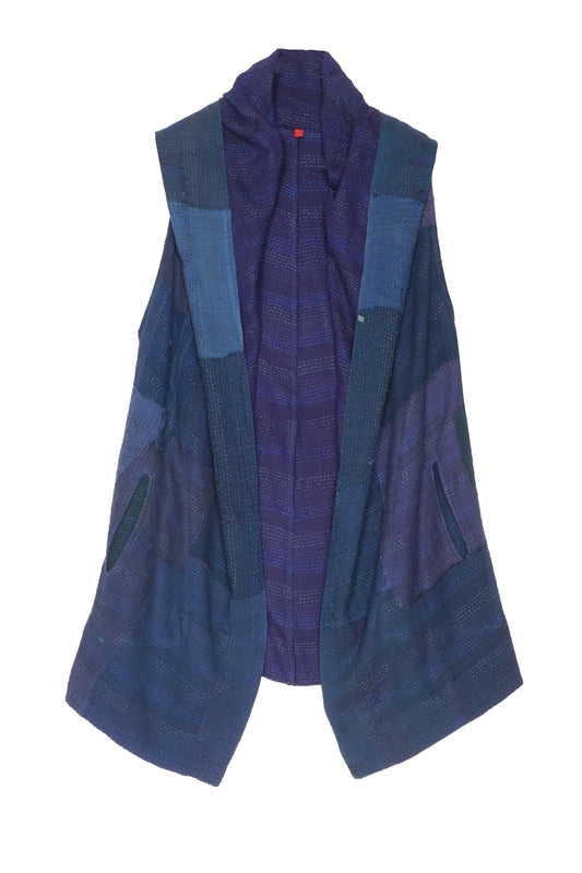 FRAYED PATCH KANTHA HOODED VEST - fi2220-nvy -