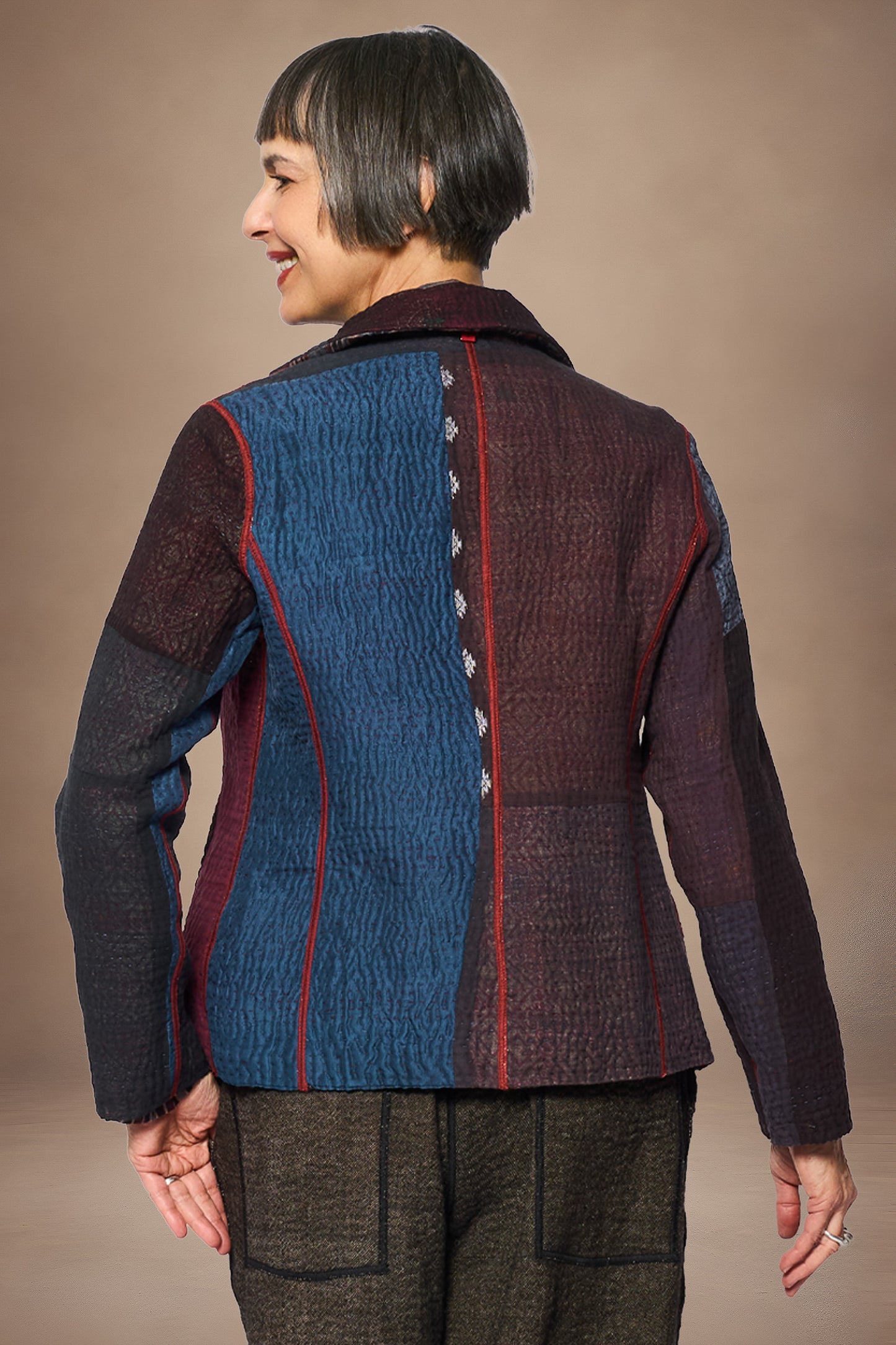 AJRAKH PRINT AND SILK COTTON PATCH KANTHA SHAPED JACKET - az4j109-brn -