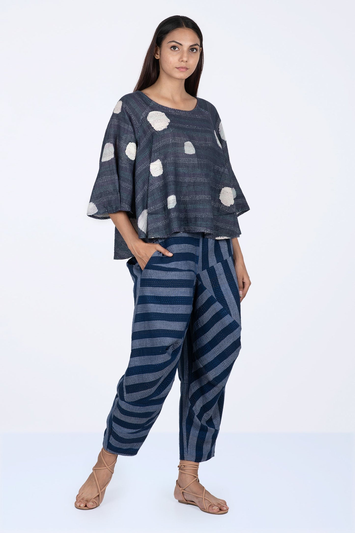 CUT THROUGH DOT AND HOLES KANTHA PUFF SLV. FLARE SHORT TOP - cd2544-blu -