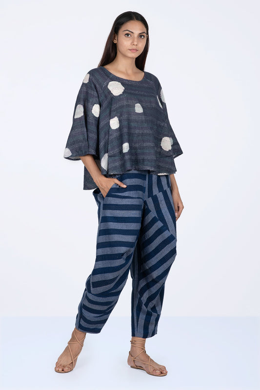 CUT THROUGH DOT AND HOLES KANTHA PUFF SLV. FLARE SHORT TOP - cd2544-blu -