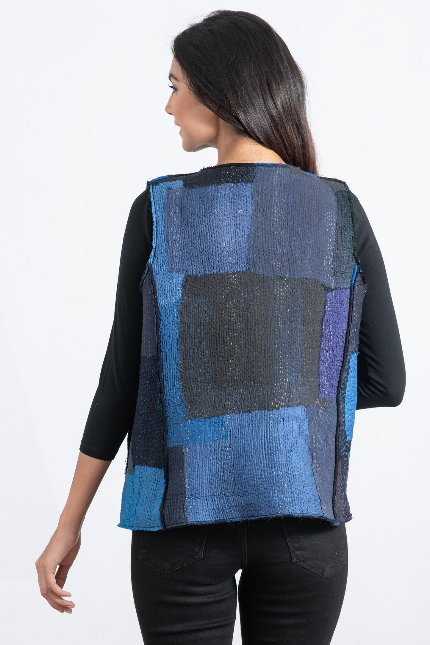BOILED WOOL KANTHA CREW NECK FITTED VEST - wb2228-blu -