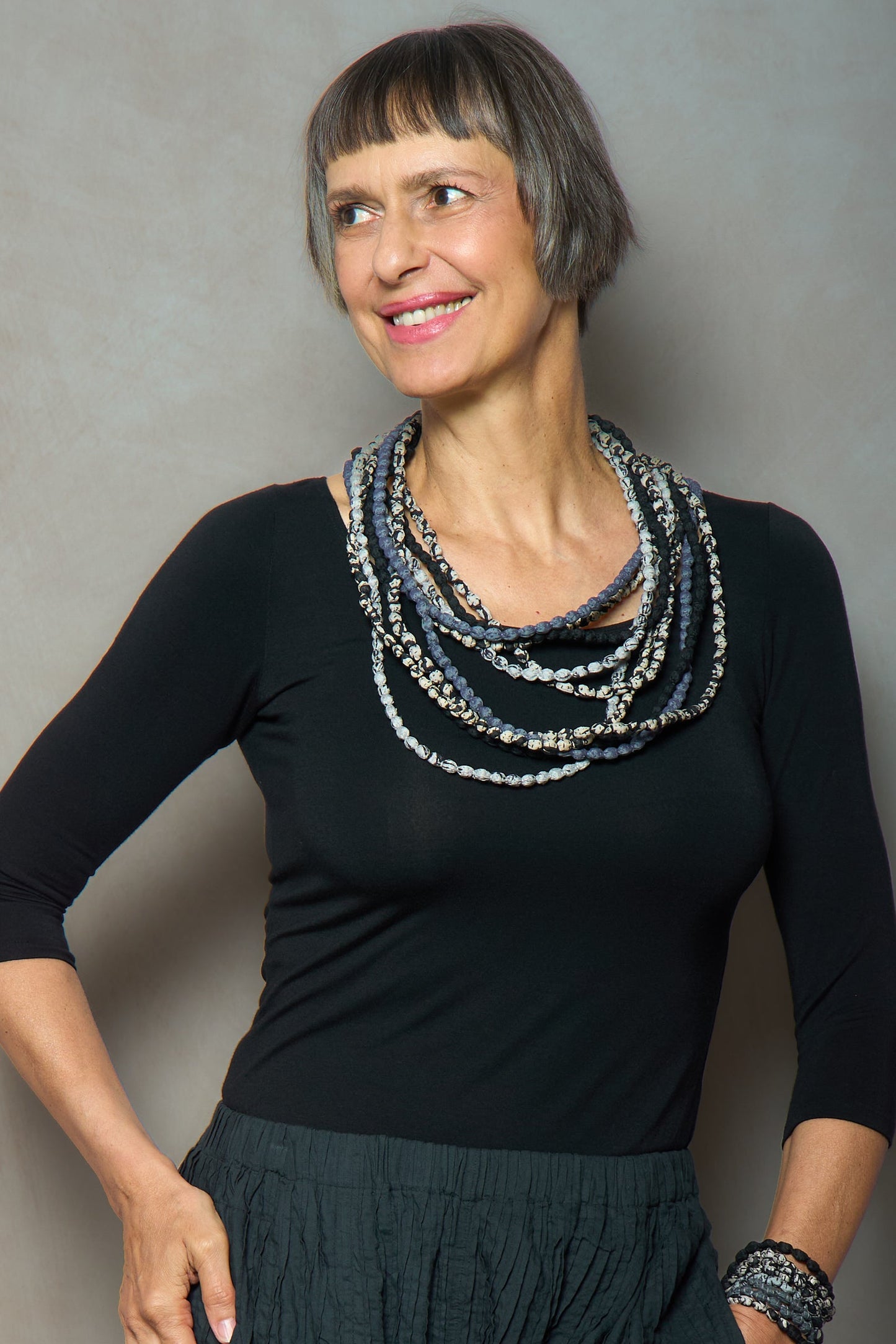 VINTAGE SILK KANTHA 5 STRAND NECKLACE - sv2730-blk -