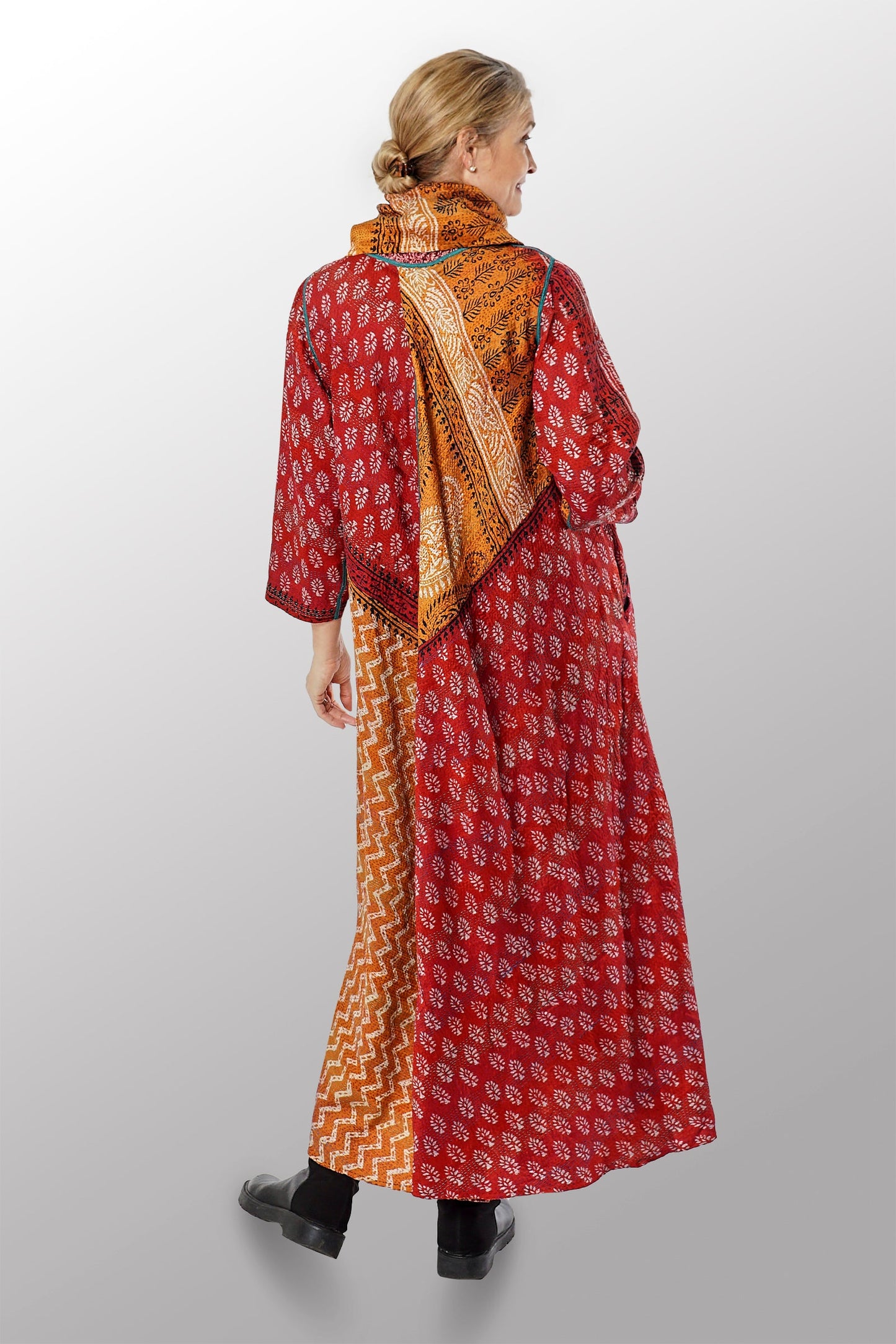 VINTAGE SILK GEORGETTE KANTHA COWL NECK LONG SLEEVE DRESS - sg2450-0004s -