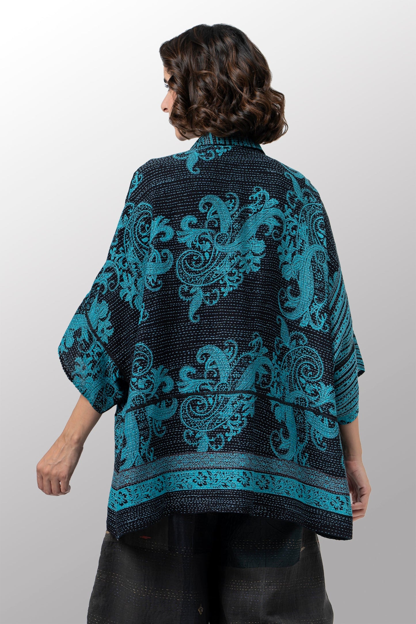 COTTON PAISLEY KANTHA WIDE SHIRT - cp2546-tel -