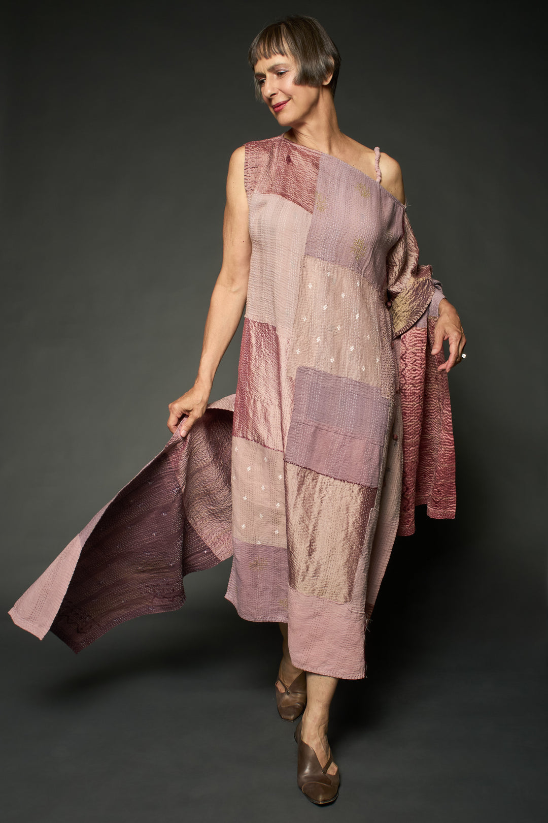 HALF SILK PATCH KANTHA ASYMMETRIC TUBE DRESS - hs2472-mov -