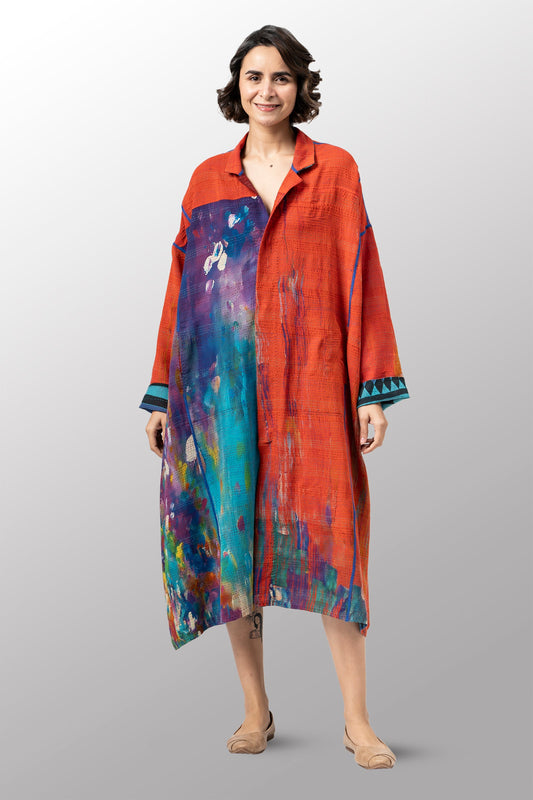 VINTAGE SILK GEORGETTE COTTON KANTHA NEW OVERSIZED COAT - gc2342-0001a -