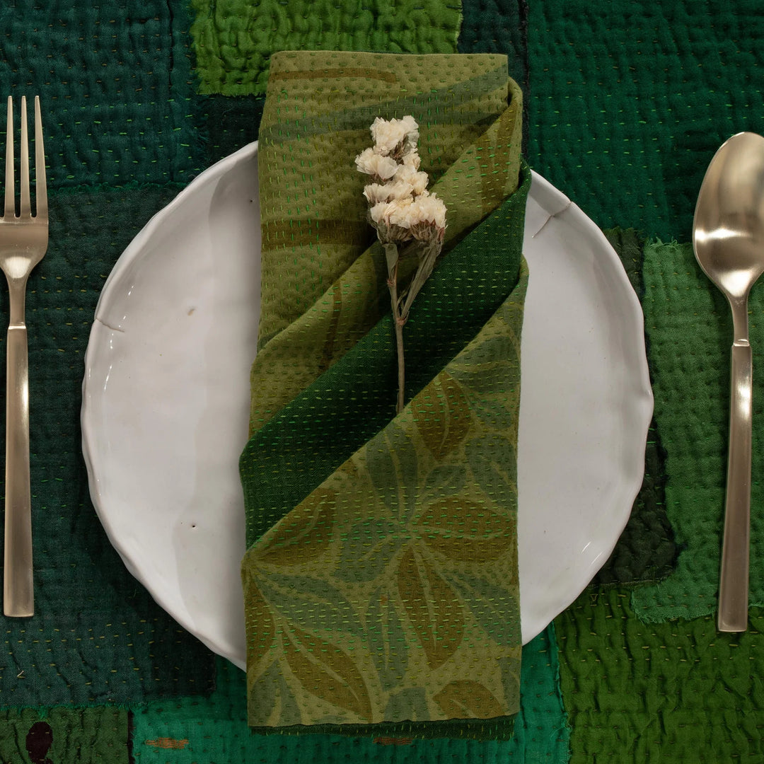 Landscape  fray patch vintage Kantha Napkin - Green (Set of 2)