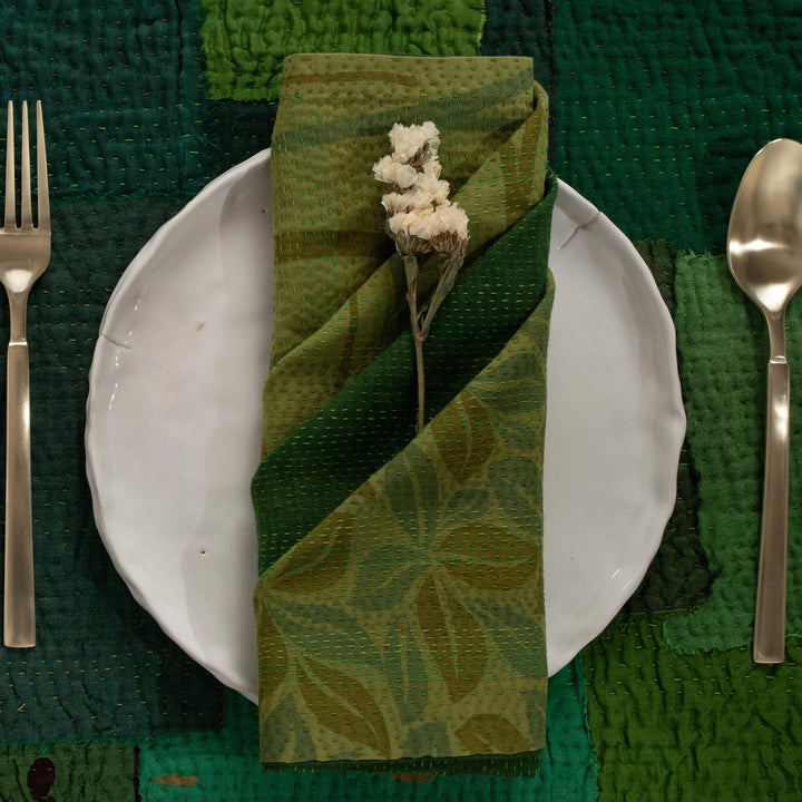 Landscape  fray patch vintage Kantha Napkin - Green (Set of 2)