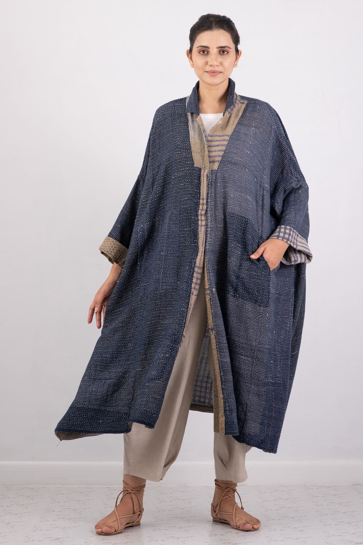 INDONESIAN PRINT VINTAGE INDIGO BACKING KANTHA OVERSIZE DRESS - bi2432-blu -