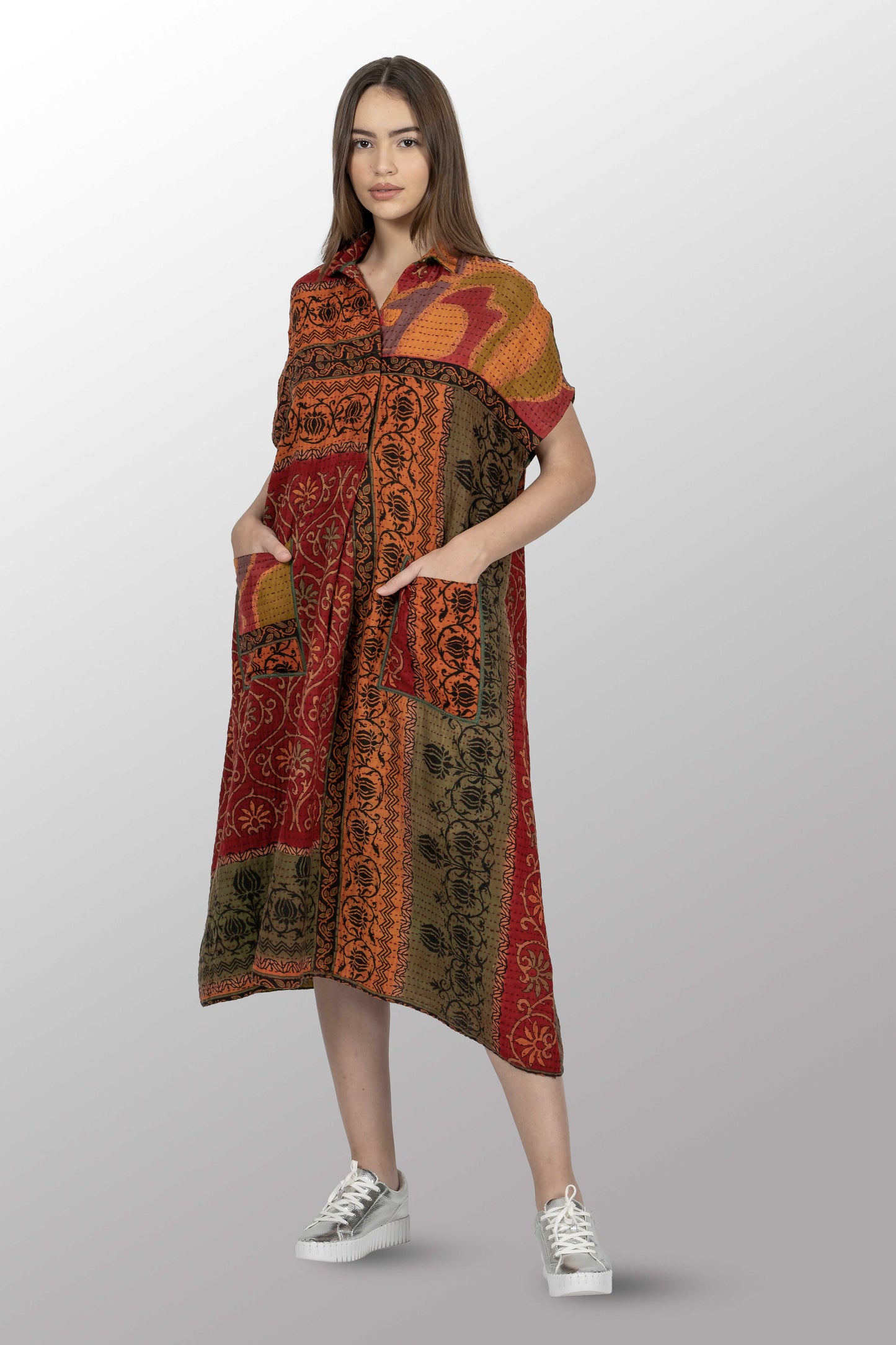 VINTAGE COTTON BBK KANTHA FRENCH SLEEVE SHIRT COLLAR DRESS - bl-bb2458-0001s -