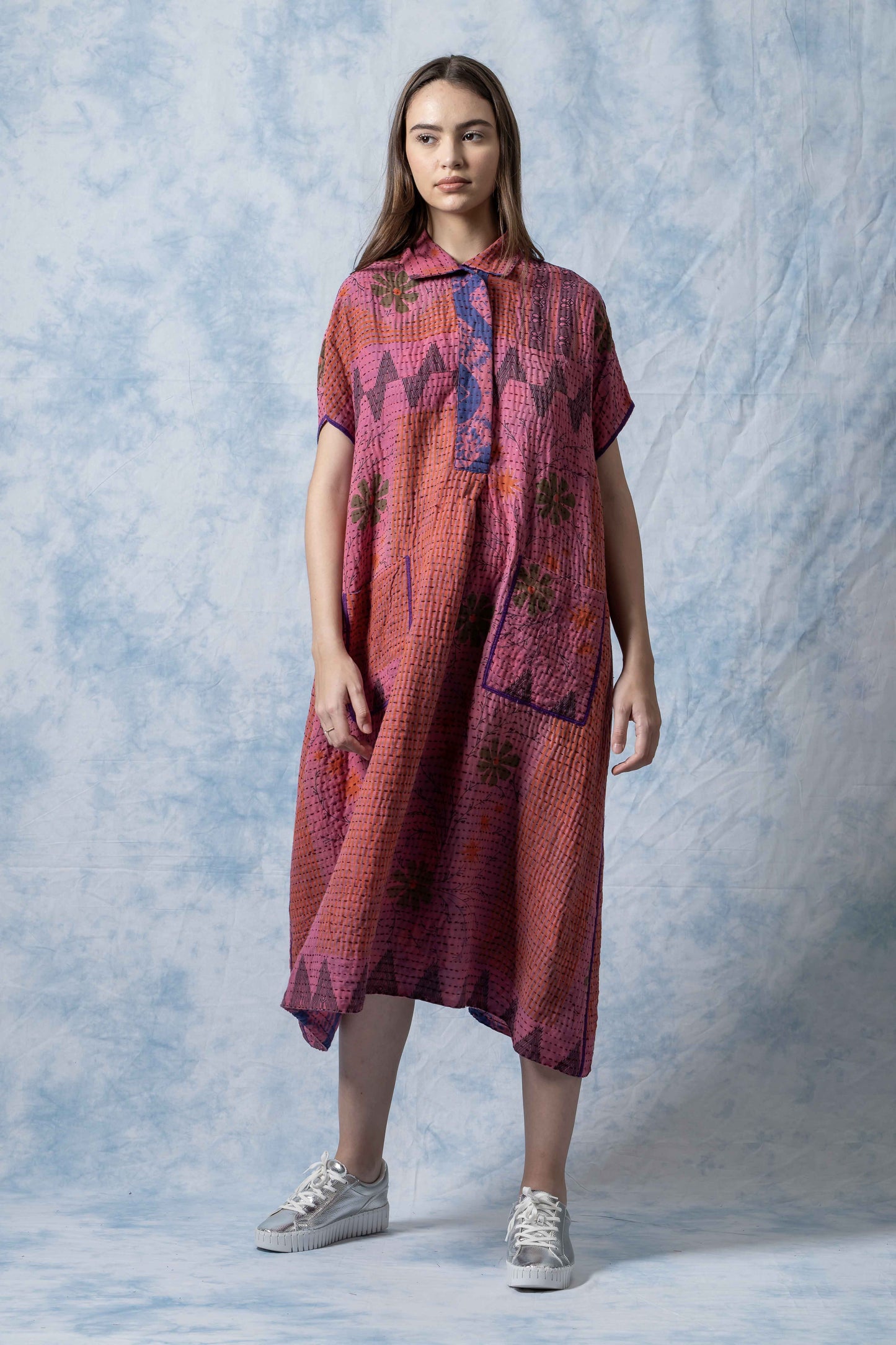 VINTAGE COTTON BBK KANTHA FRENCH SLEEVE SHIRT COLLAR DRESS - bl-bb2458-0002m -