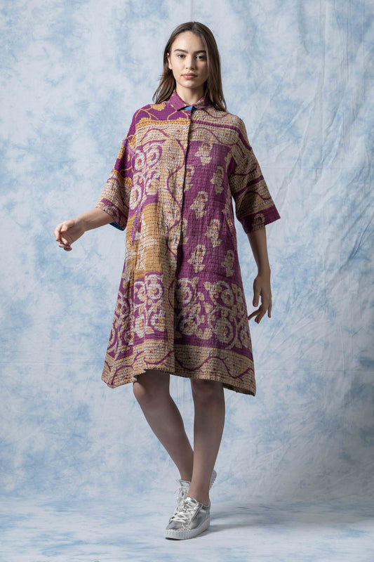 VINTAGE COTTON BBK KANTHA 3/4 SLV. SHIRT DRESS - bl-bb2459-0001s -