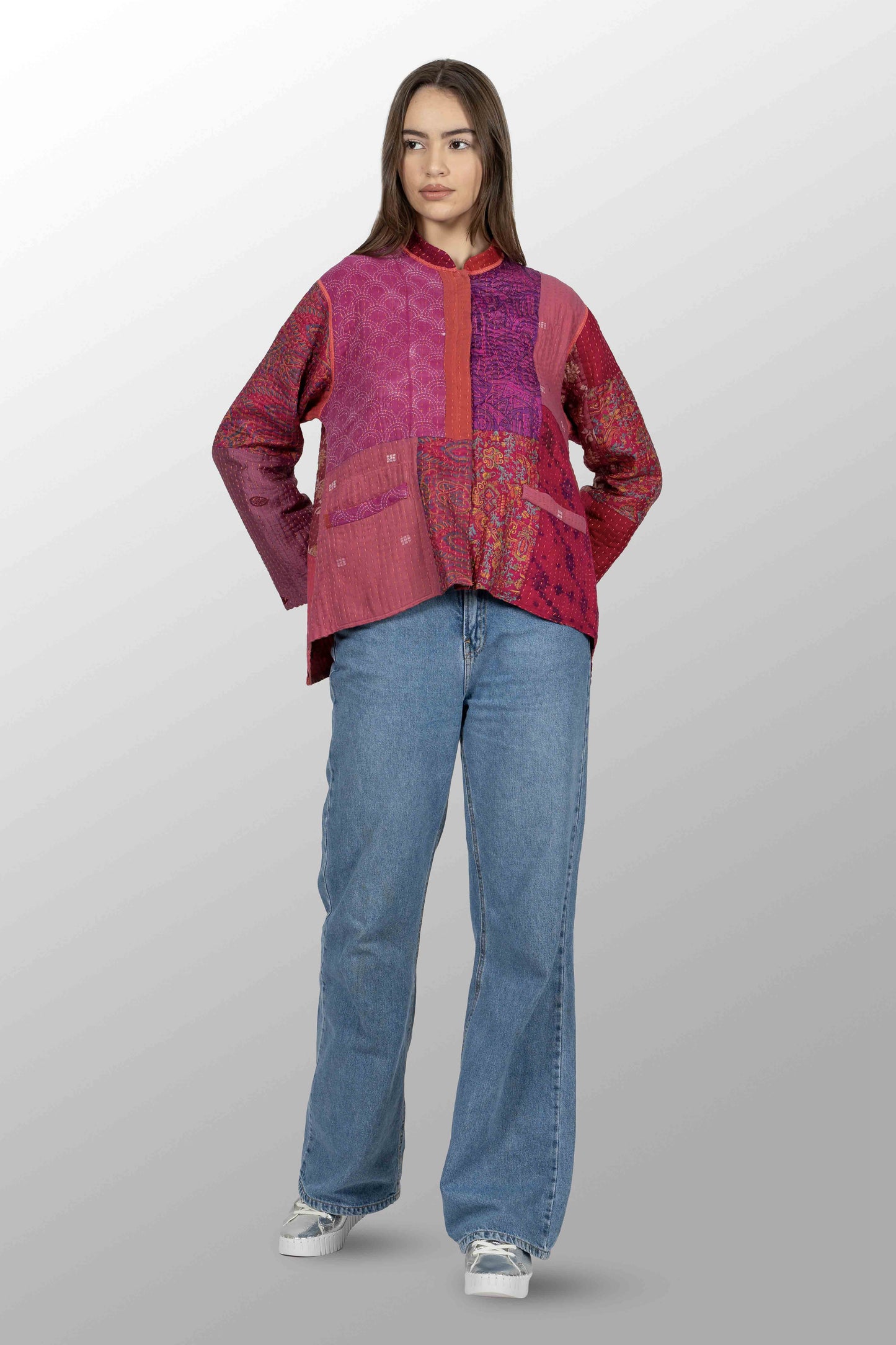 BBK PATCH KANTHA KAFTAN JACKET SHORT - bl-bbp4088-pik -