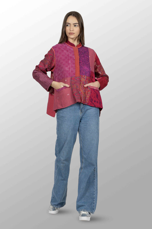 BBK PATCH KANTHA KAFTAN JACKET SHORT - bl-bbp4088-pik -