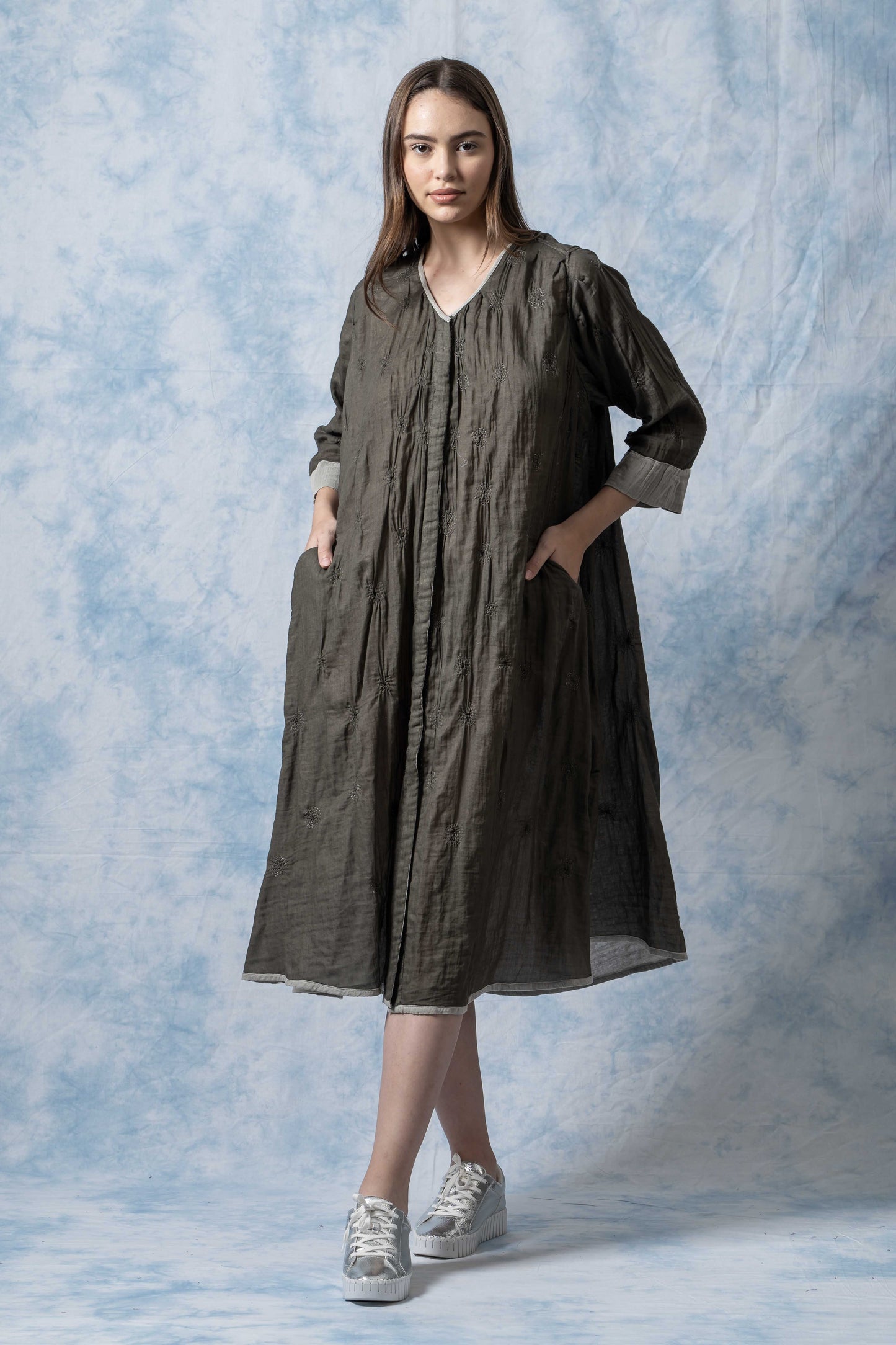 GAUZE SHIBORI GARMENT KANTHA A-LINE DRESS - bl-gg2460-gry -