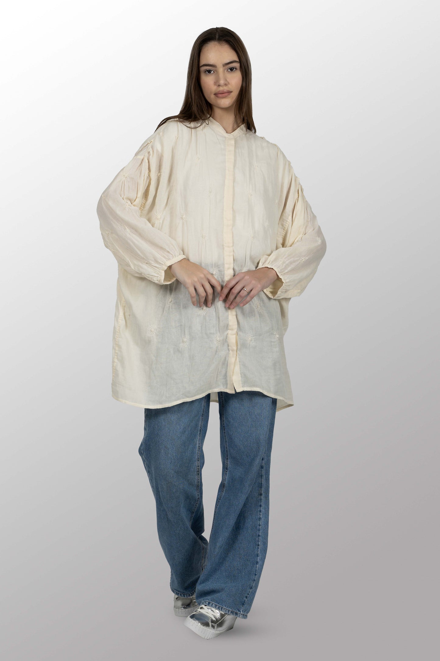 GAUZE SHIBORI GARMENT KANTHA BAND COLLAR OVERSIZED SHIRT - bl-gg2587-ivy -