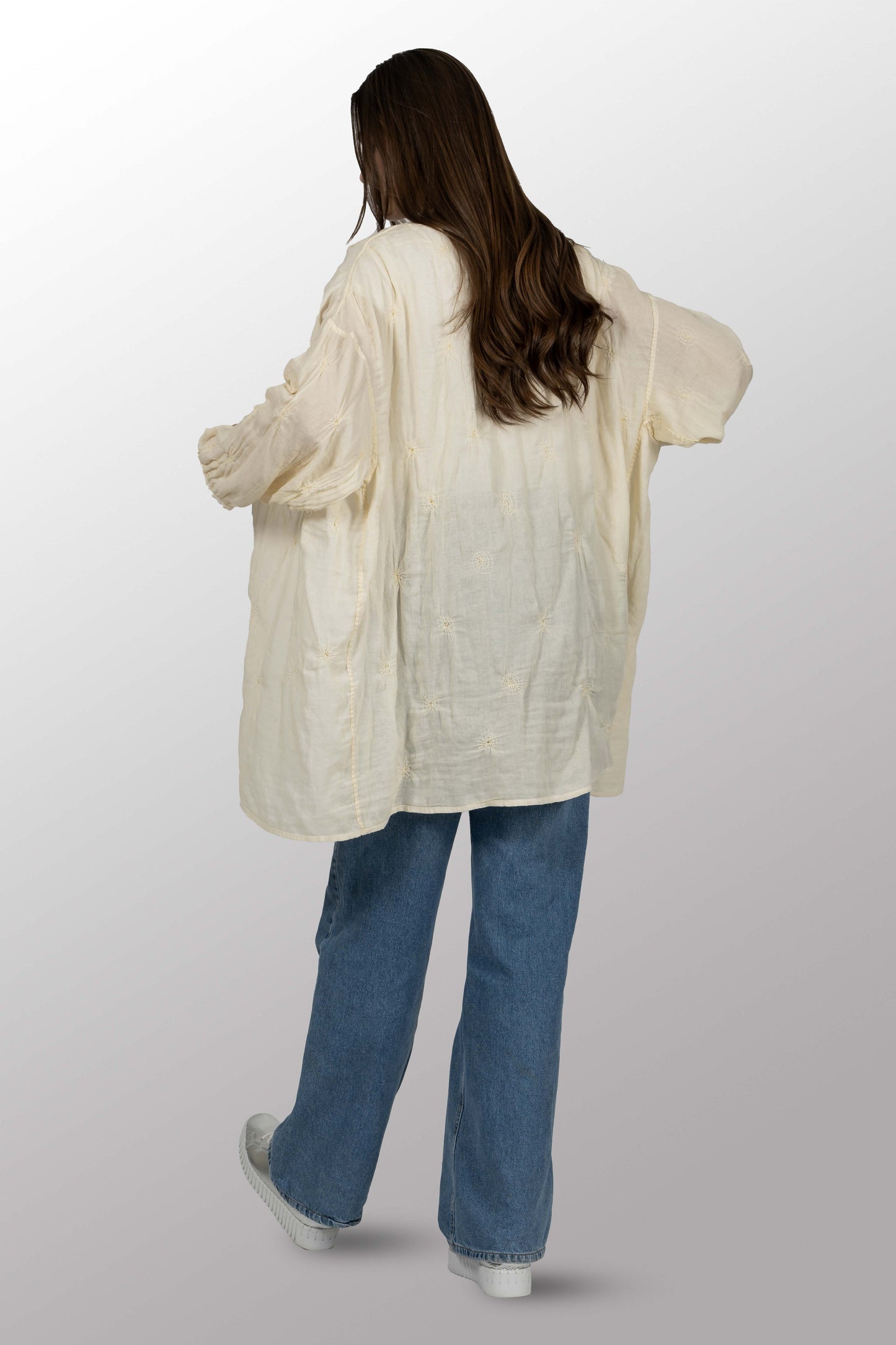 GAUZE SHIBORI GARMENT KANTHA BAND COLLAR OVERSIZED SHIRT - bl-gg2587-ivy -