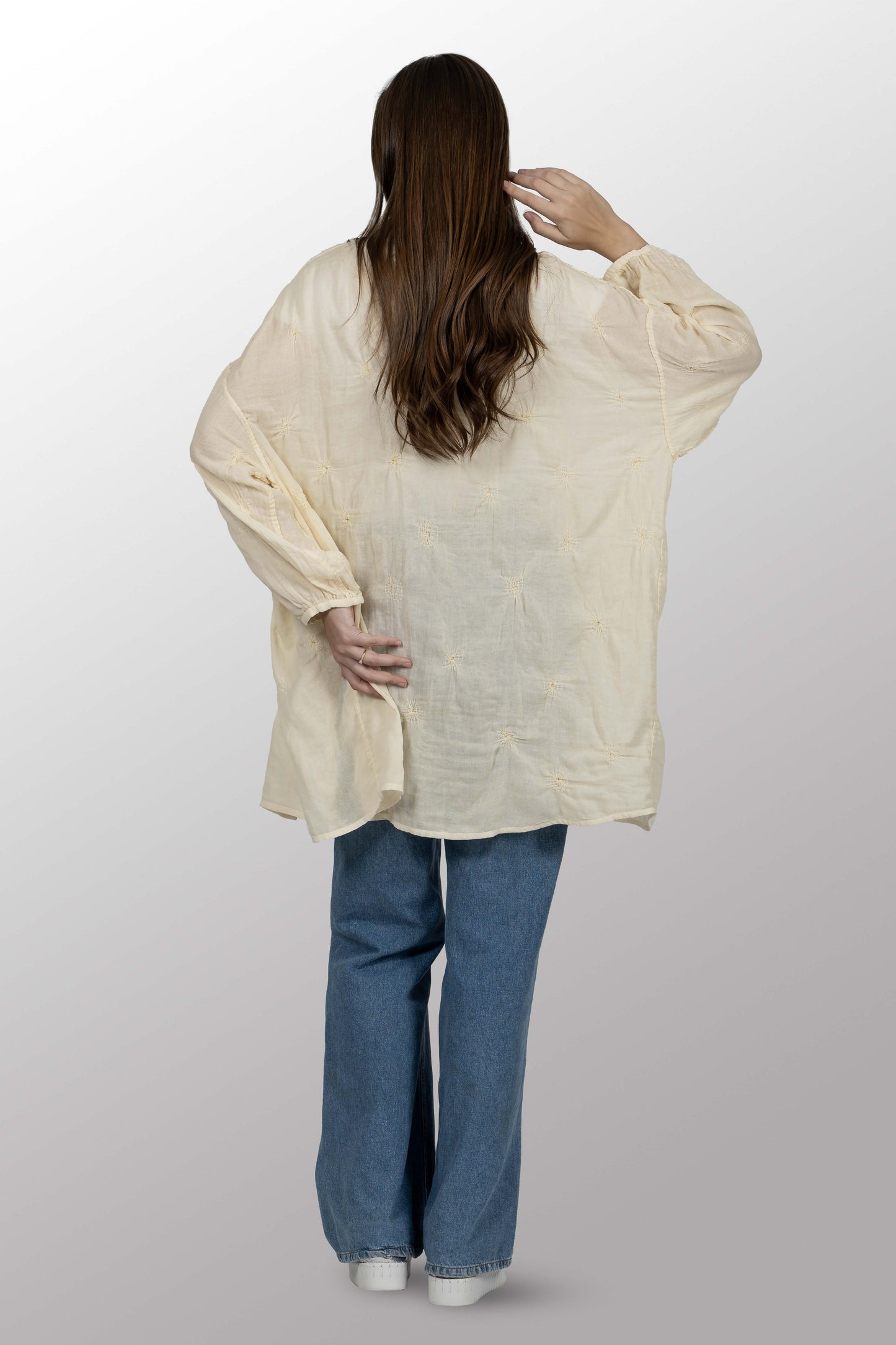 GAUZE SHIBORI GARMENT KANTHA BAND COLLAR OVERSIZED SHIRT - bl-gg2587-ivy -