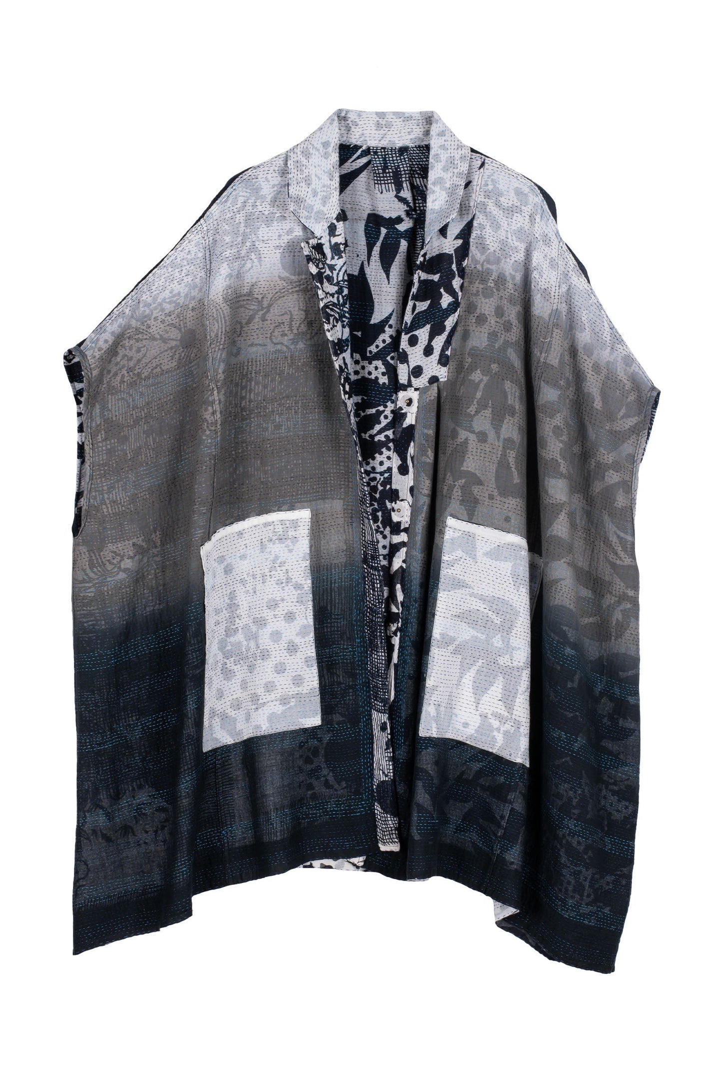 MONOTONE TWILIGHT PRINT KANTHA SHIRT PONCHO - tp2545-wht -