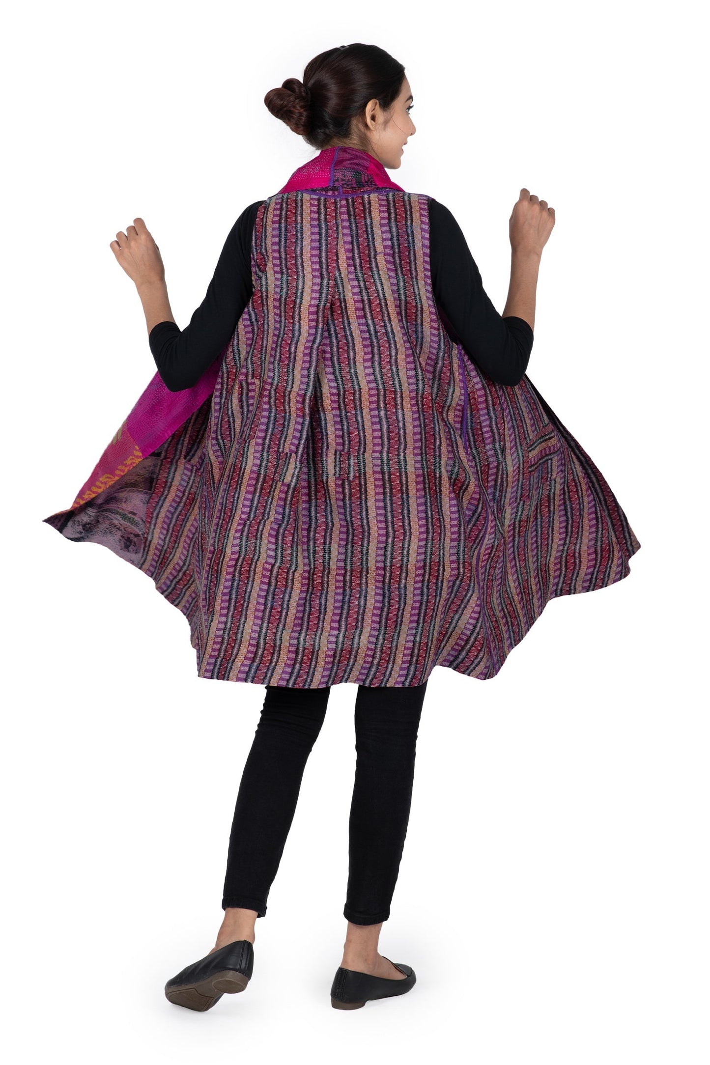 GEORGETTE VINTAGE SILK PATCH KANTHA SHAWL COLLAR VEST - gs2235-pik -