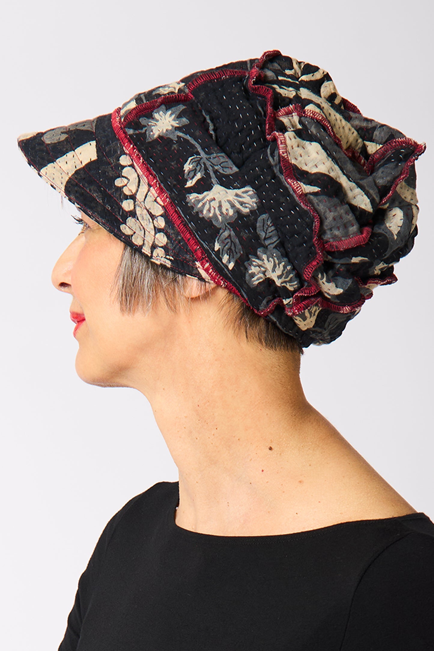 BLACK AND WHITE PRINT PATCH KANTHA HALF BRIM HAT - pn4881-blk -