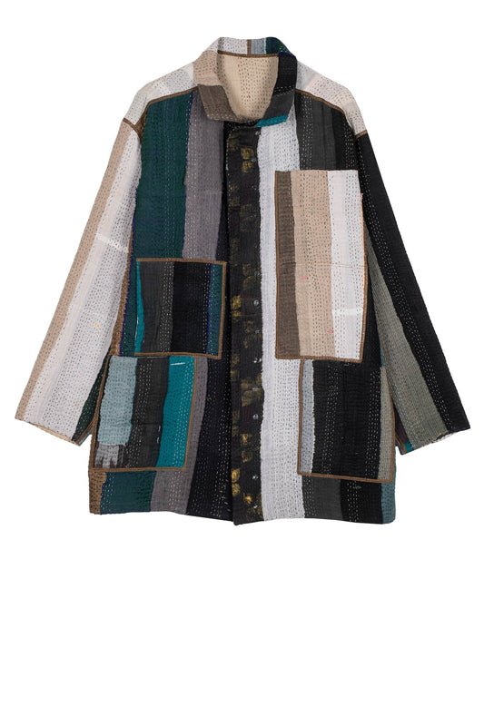 COTTON STRIPE PATCH KANTHA MEN'S JACKET - cs4041-grn -