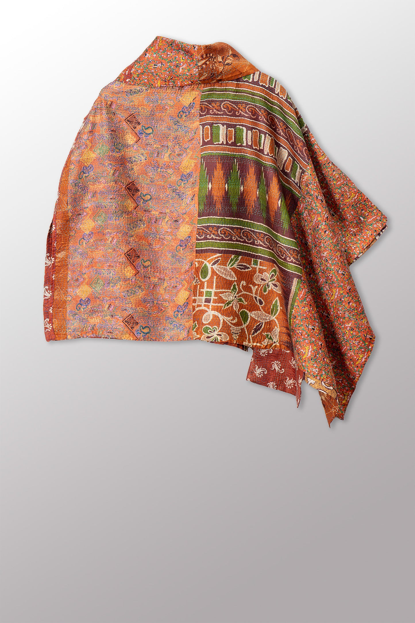 VINTAGE SILK KANTHA COWL NECK LONG CAPE - sv2842-0013a -
