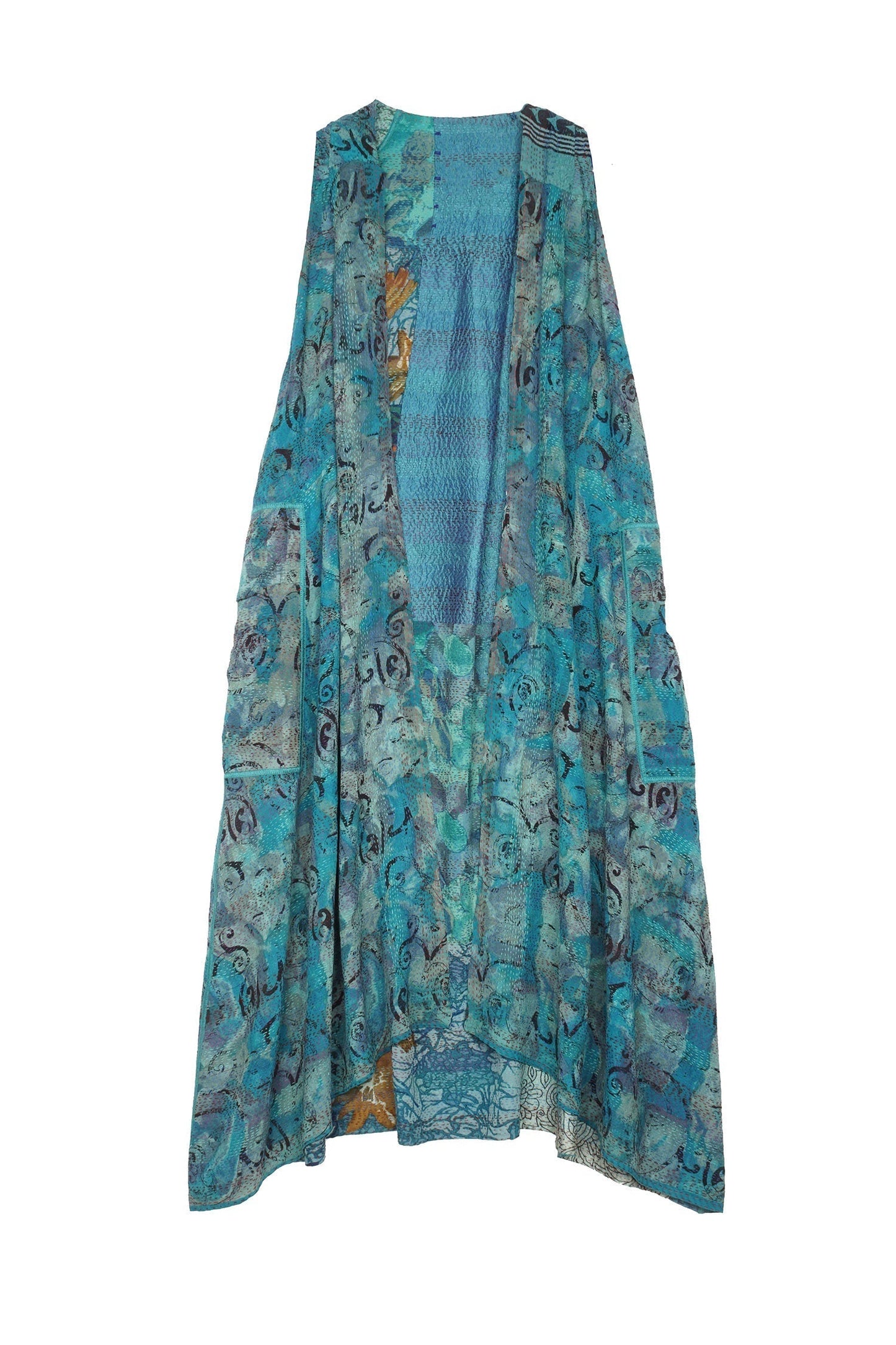 GEORGETTE VINTAGE SILK PATCH KANTHA BACK PLEATED VEST MAXI - gs2222-tel -