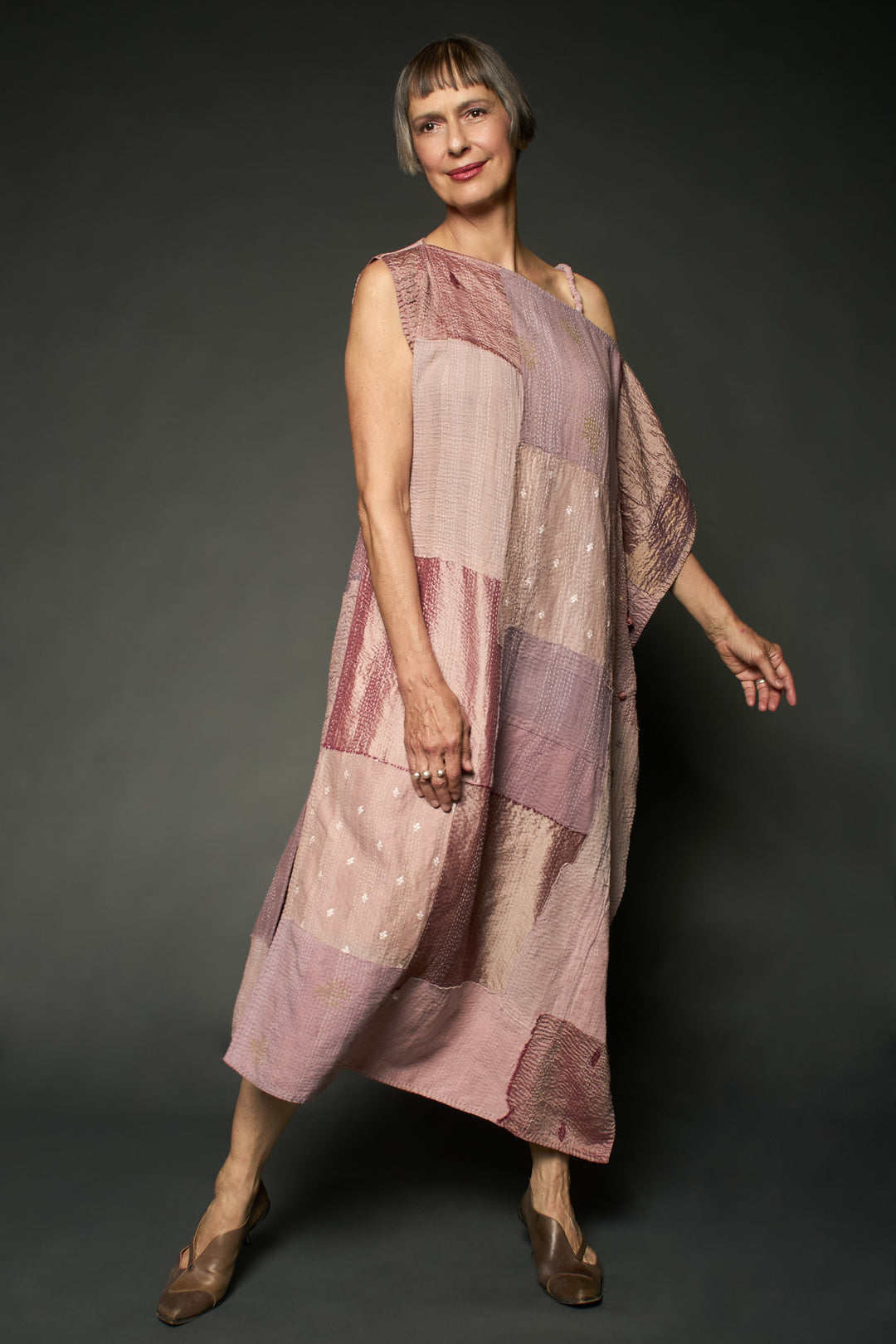 HALF SILK PATCH KANTHA ASYMMETRIC TUBE DRESS - hs2472-mov -
