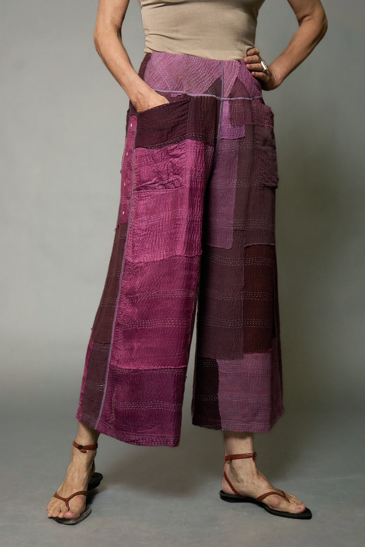 MOSAIC FRAY PATCH KANTHA PLEATED WIDE LEG PANTS - zb2678-prp -