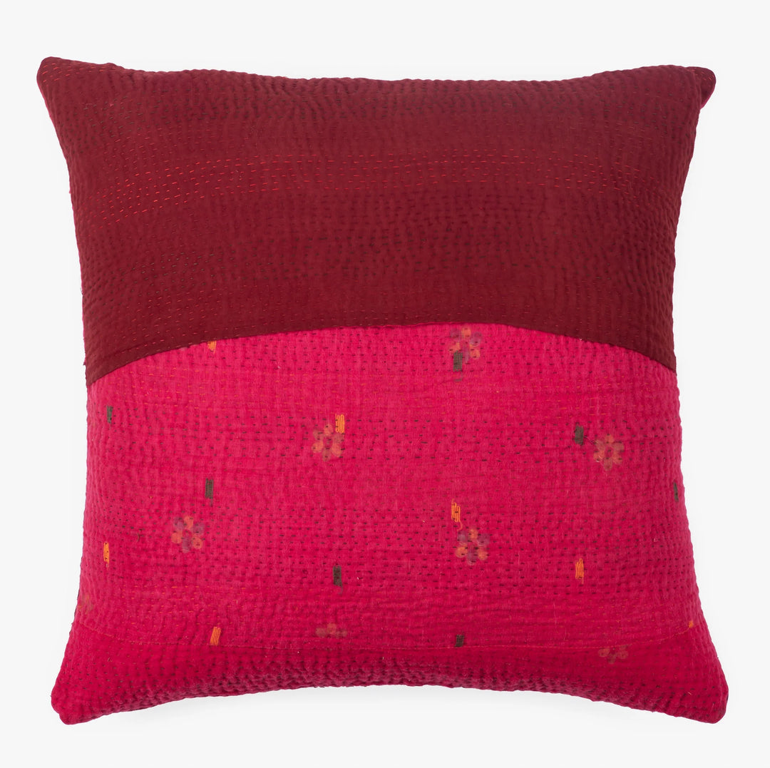 Landscape Fray Patch vintage Kantha Pillow - Red