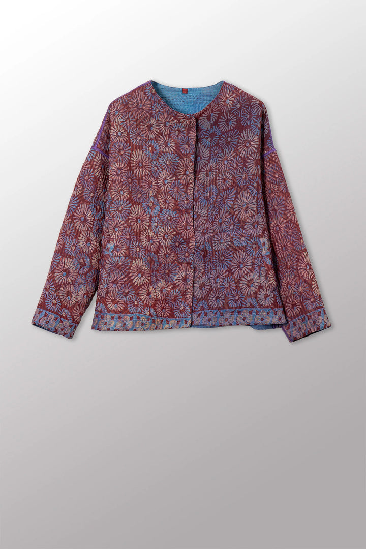 VINTAGE SILK GEORGETTE COTTON KANTHA CREW NECK SHORT JACKET - gc4053-0001a -
