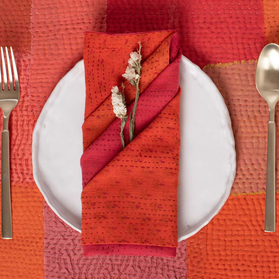 Mosaic Fray Handmade vintage Kantha Napkin - Carrot (Set of 2)
