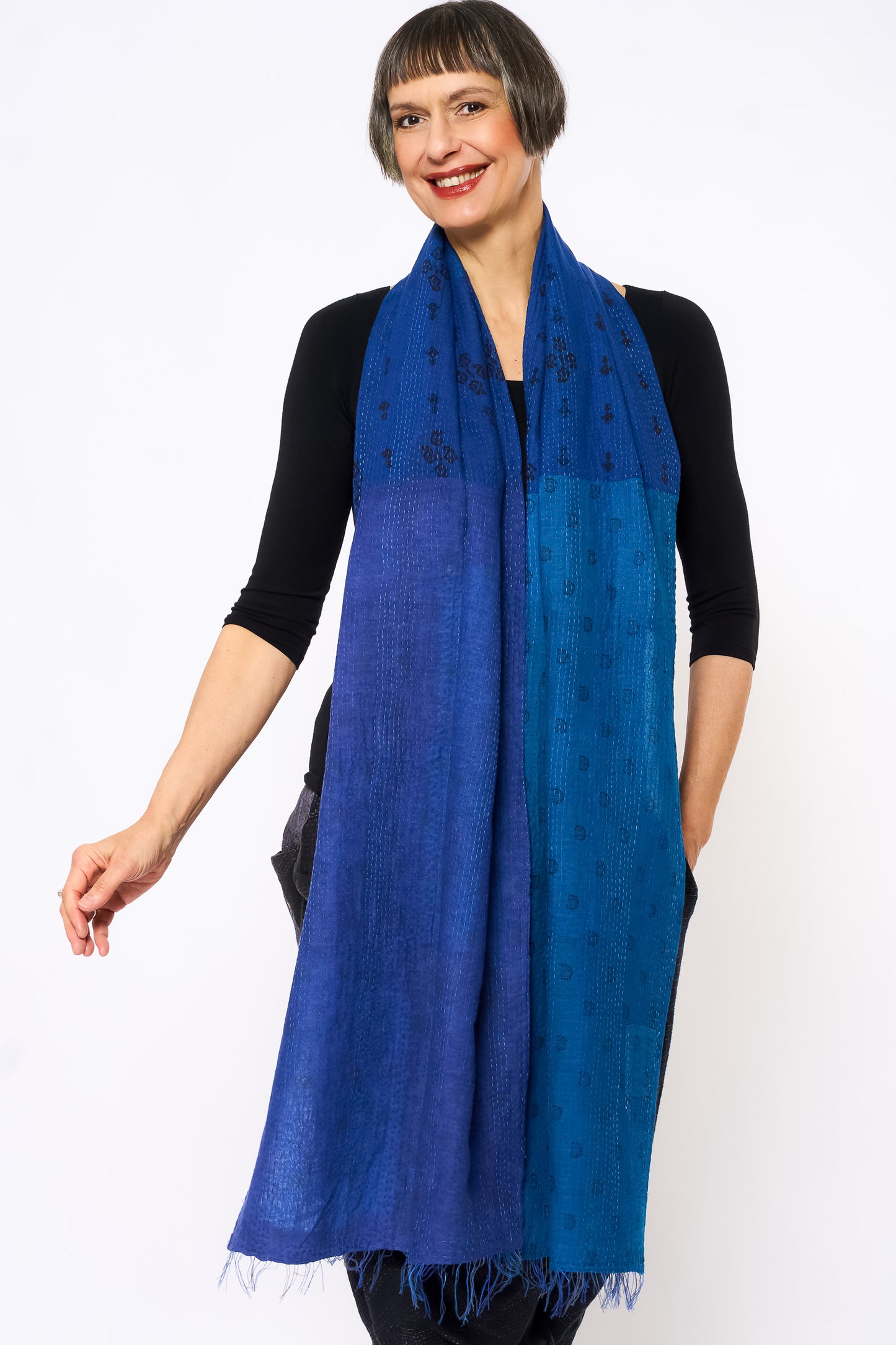 COTTON SILK SW PATCH OMBRE KANTHA SCARF STANDARD - wo2801-blu -