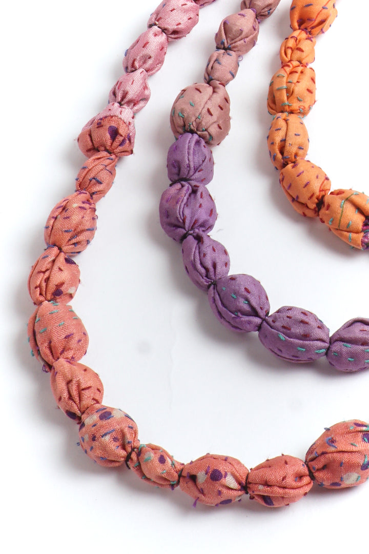 VINTAGE SILK KANTHA TIE-BEADS LONG NECKLACE - sv2707-pik -