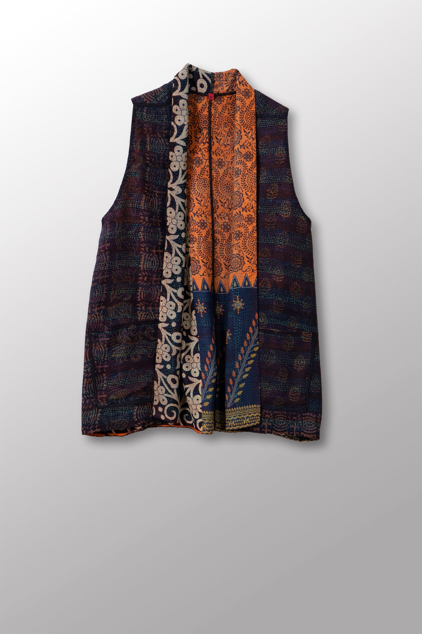 VINTAGE SILK GEORGETTE COTTON KANTHA KIMONO VEST SHORT - gc2248-0001m -