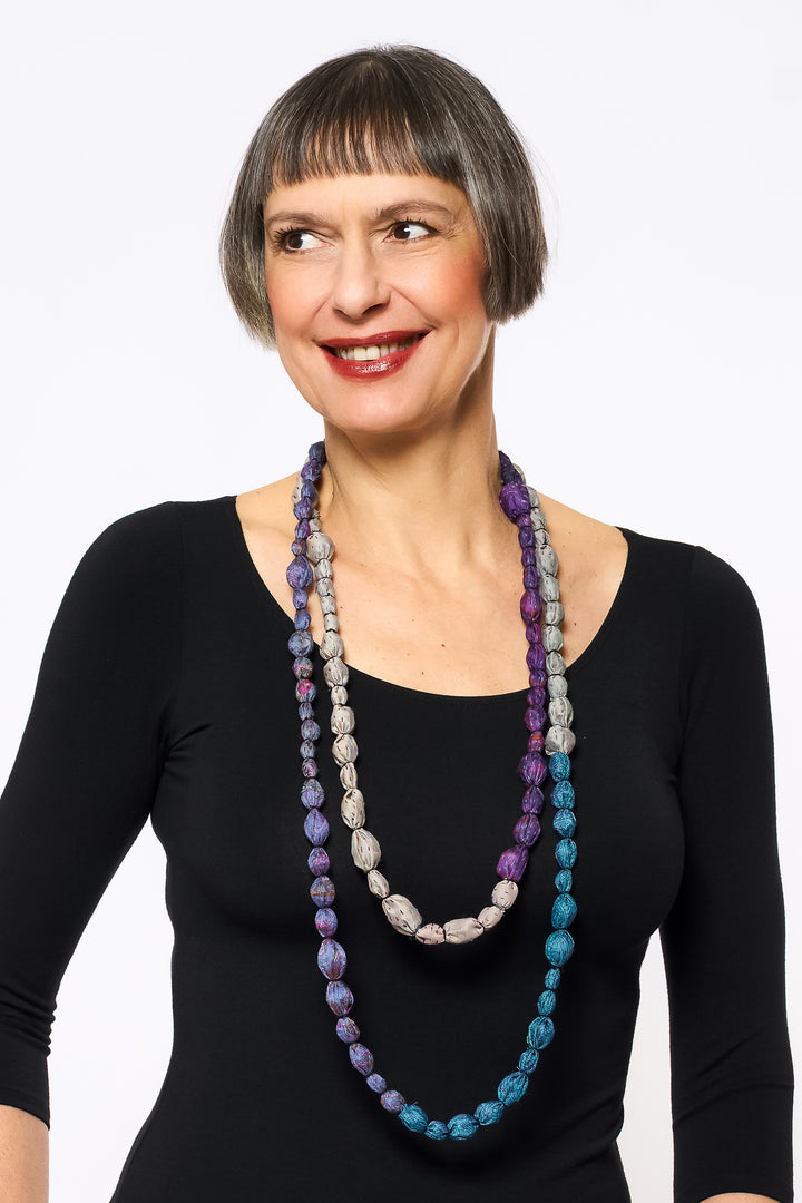 VINTAGE SILK KANTHA TIE-BEADS LONG NECKLACE - sv2707-blu -