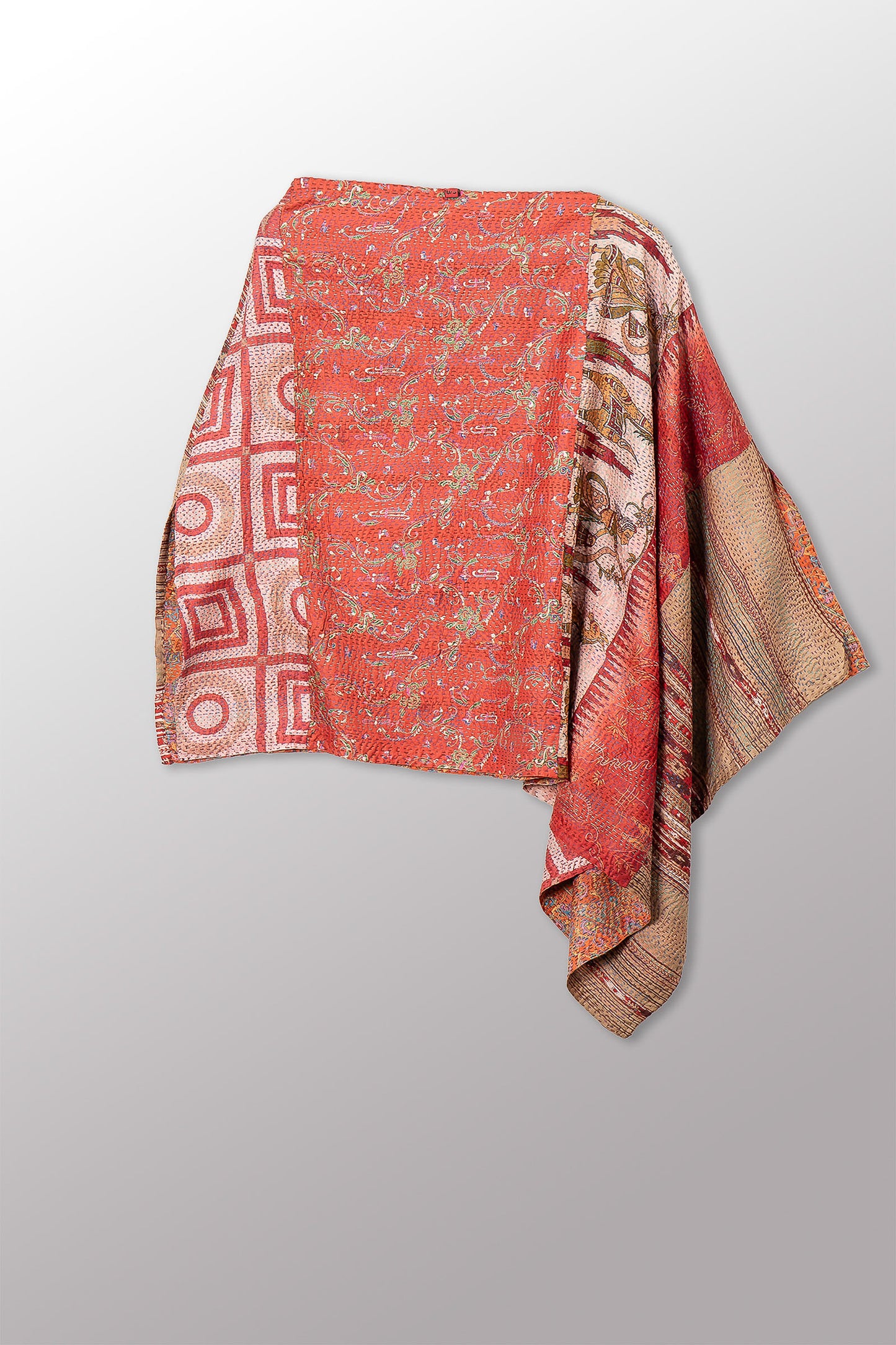 VINTAGE SILK KANTHA LONG CAPE - sv2841-0014a -