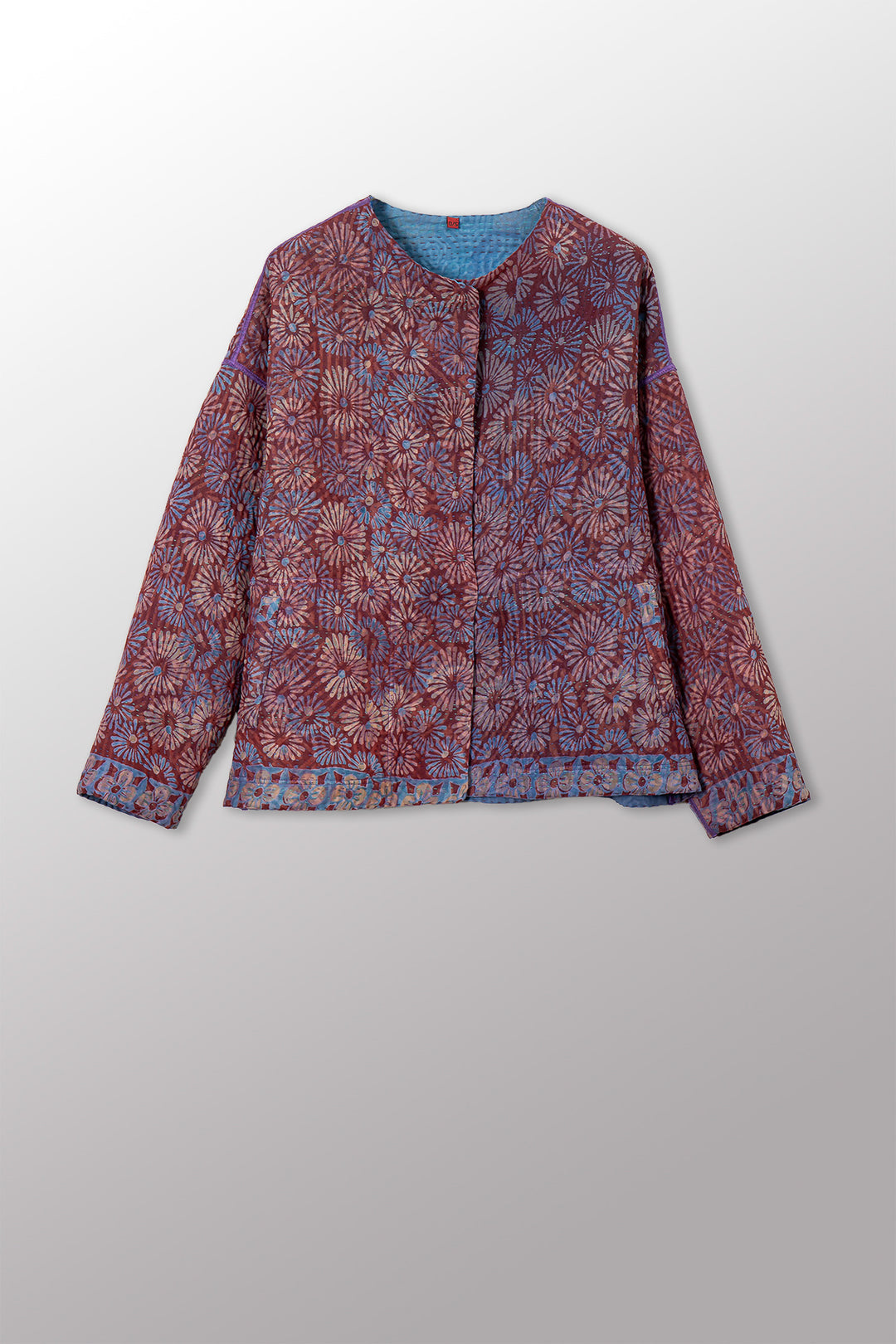 VINTAGE SILK GEORGETTE COTTON KANTHA CREW NECK SHORT JACKET - gc4053-0001a -