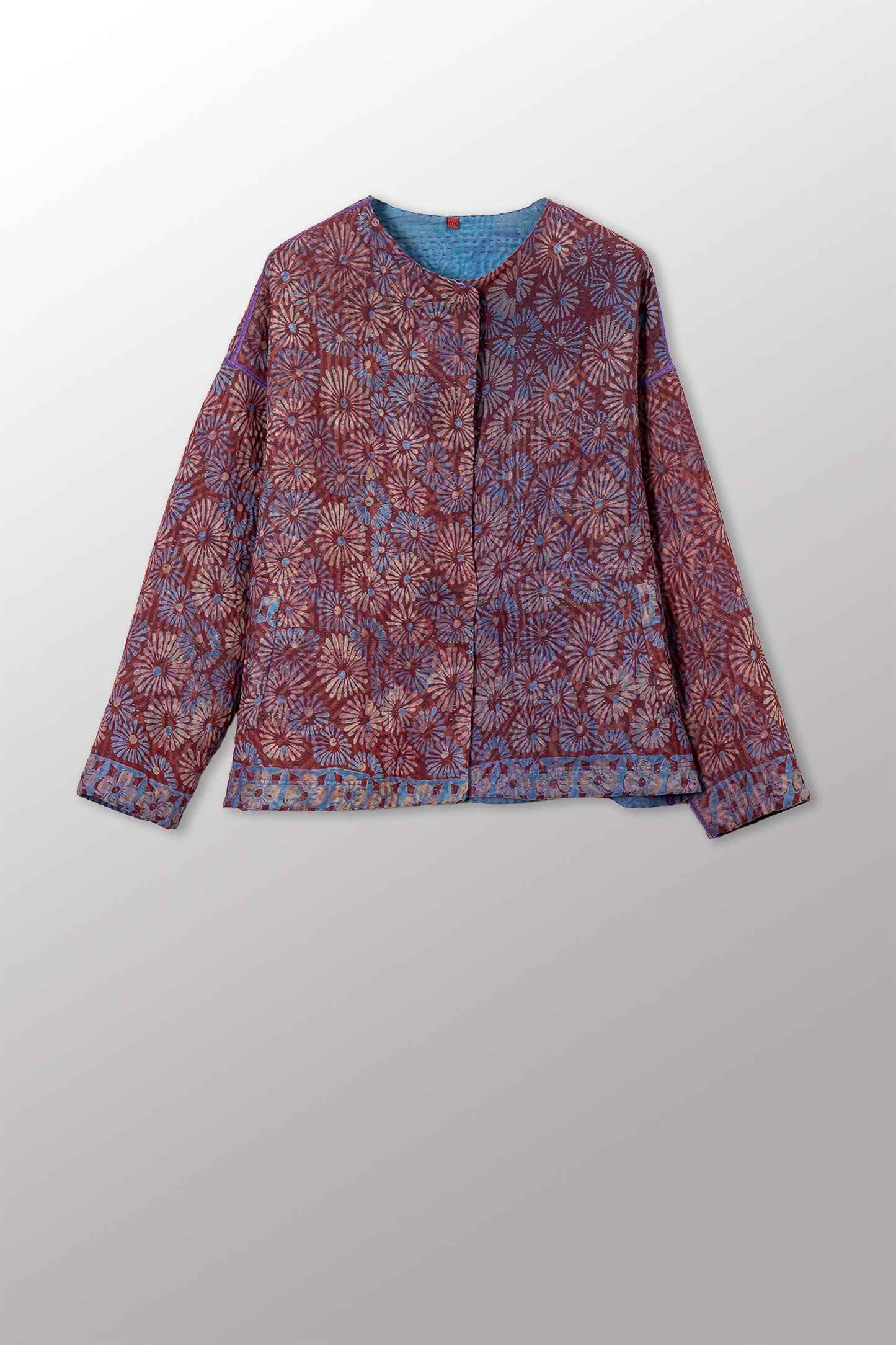 VINTAGE SILK GEORGETTE COTTON KANTHA CREW NECK SHORT JACKET - gc4053-0001a -