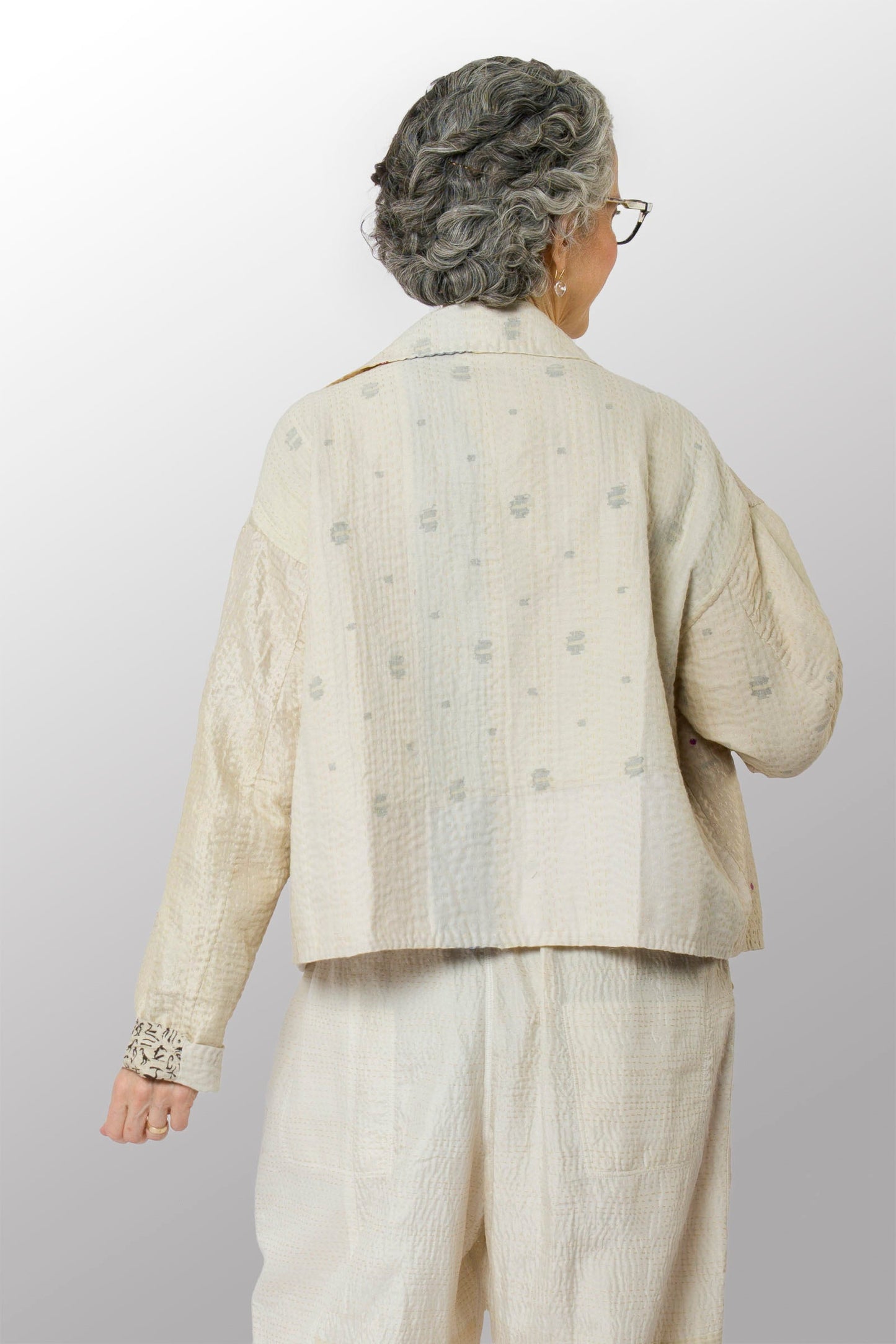 JEWEL WOVEN WITH VERTICAL PATCH KANTHA LAPELED SHORT JACKET - jv4081-ivy -