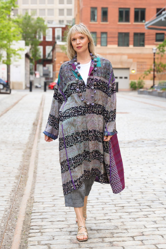 VINTAGE SILK GEORGETTE KANTHA NEW OVERSIZED COAT - sg2342-0001a -