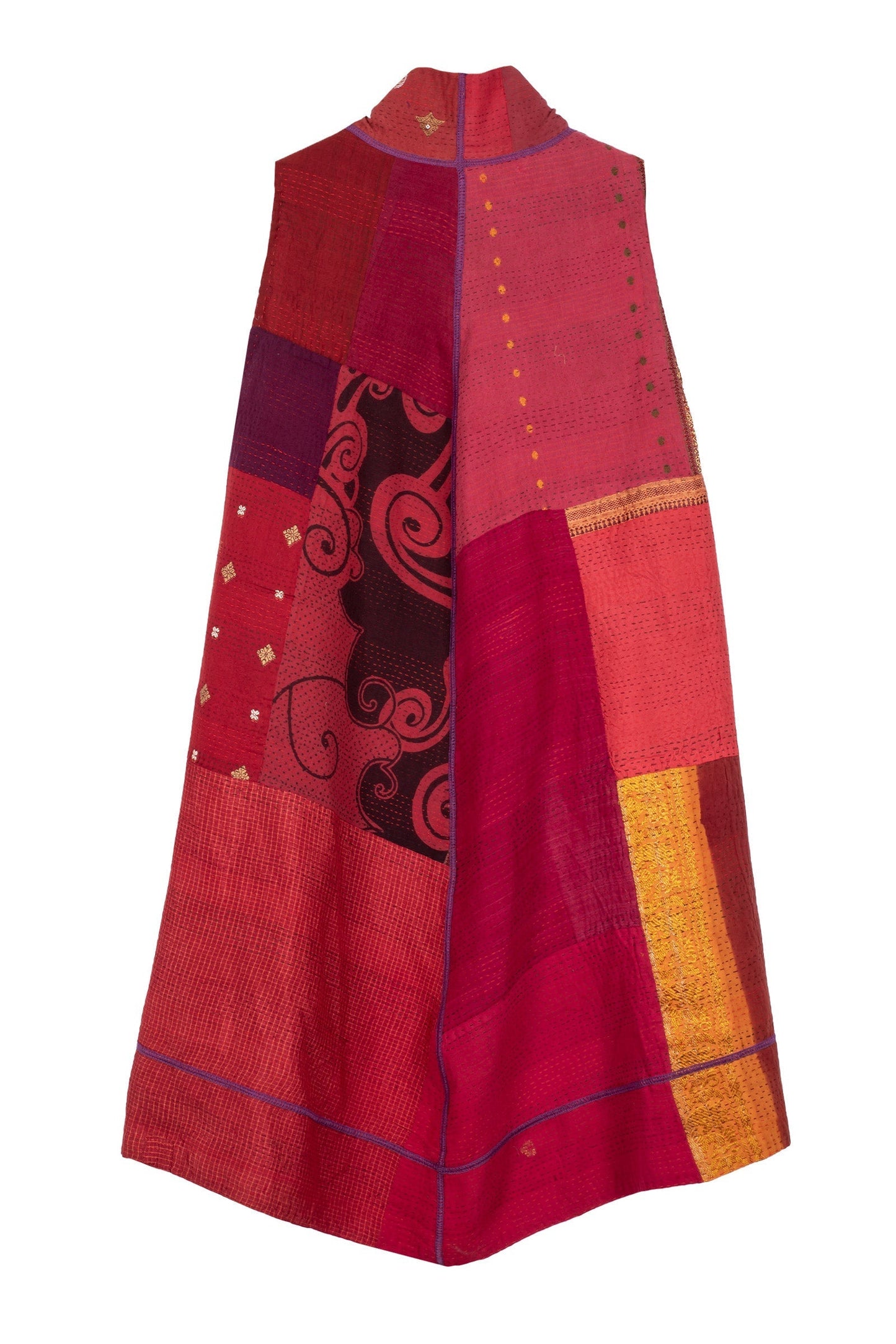 COTTON SILK SW PATCH KANTHA A-LINE VEST - ws2203-red -