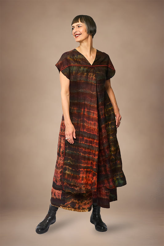 TIE DYE VINTAGE SILK KANTHA V-NECK FRENCH SLV. DRESS - st-sv2467-brn -