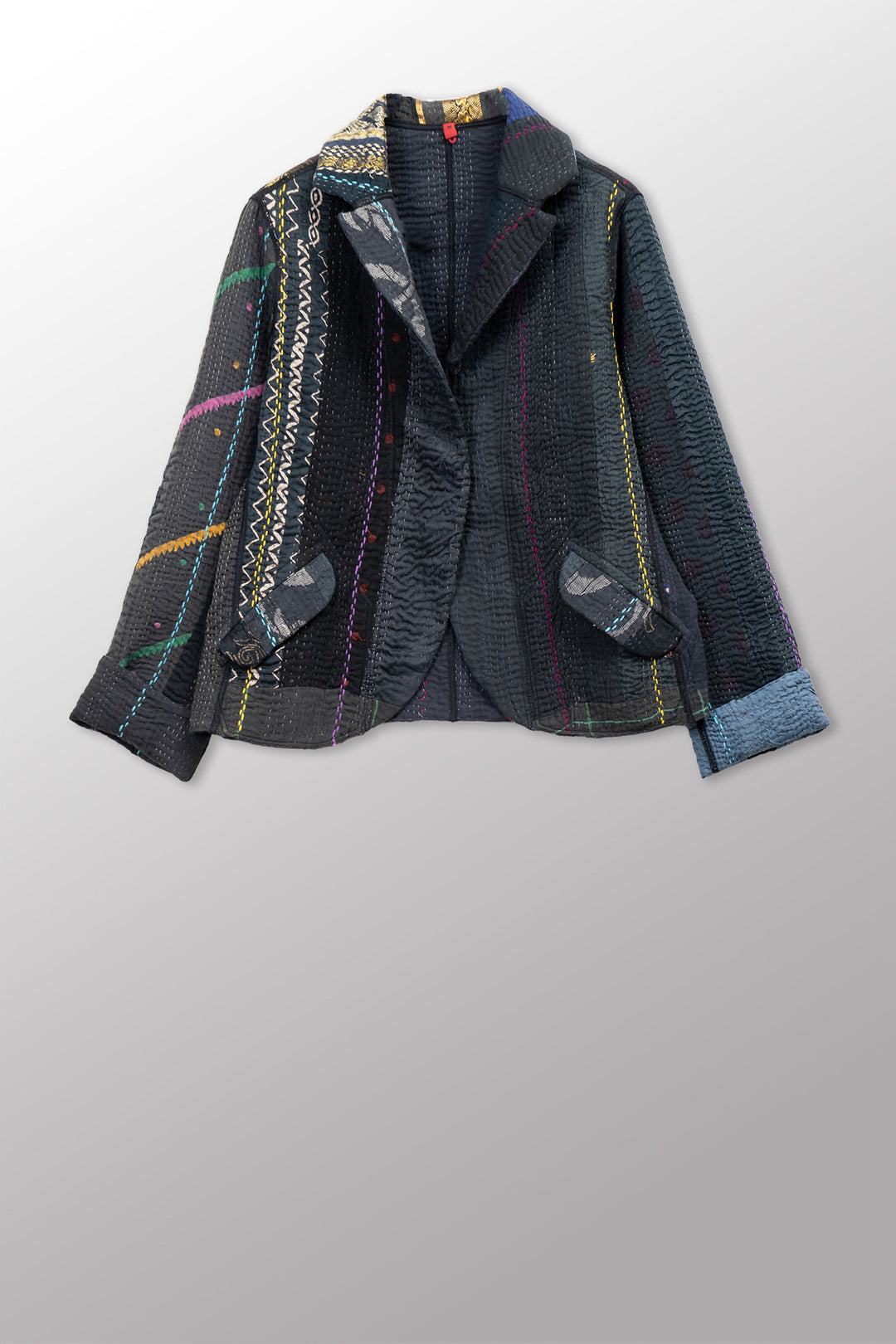 JEWEL WOVEN WITH VERTICAL PATCH KANTHA CROPPED BASIC JACKET - jv4096-blk -