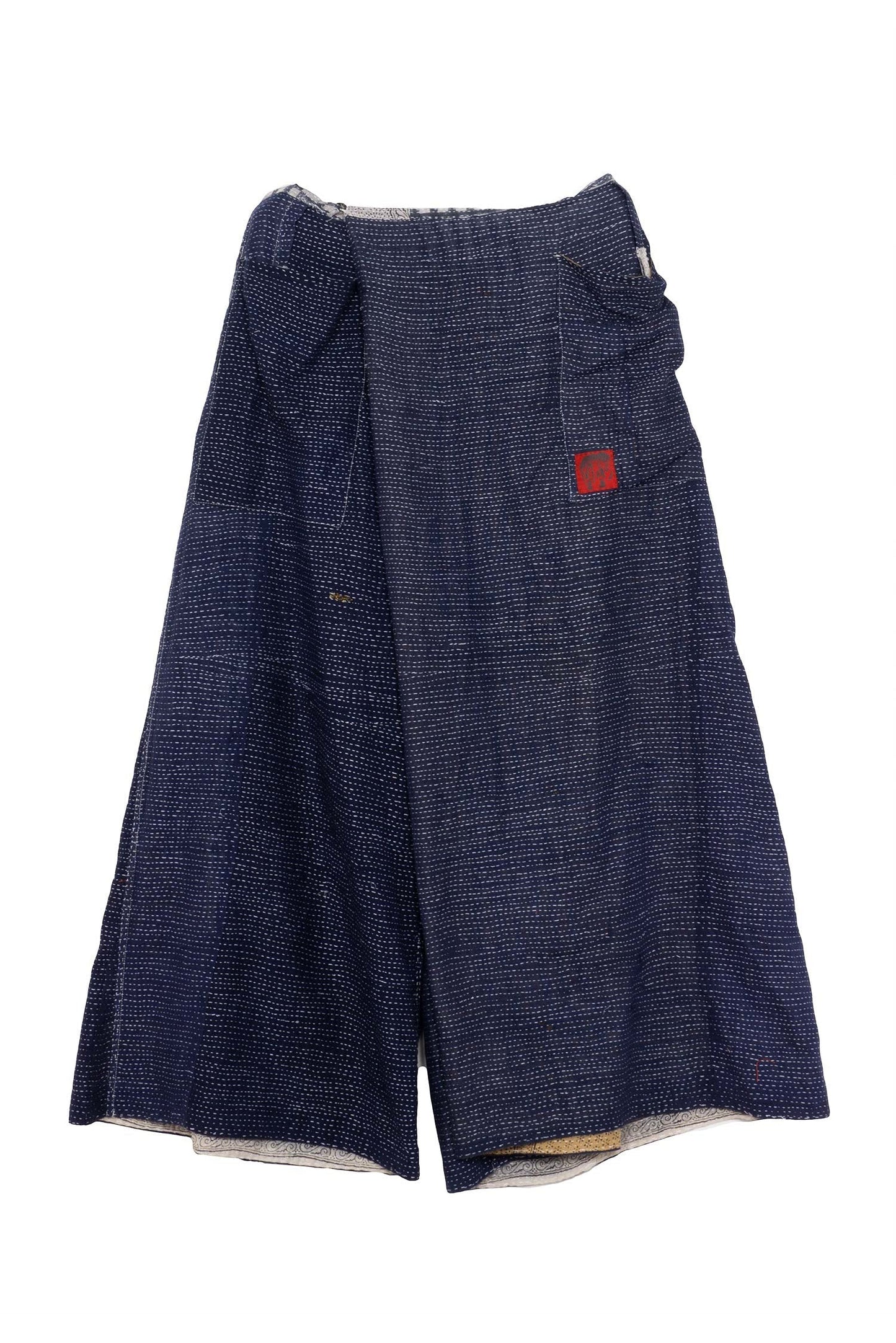 INDONESIAN PRINT VINTAGE INDIGO BACKING KANTHA FRONT WRAP PANTS - bi2631-blu -